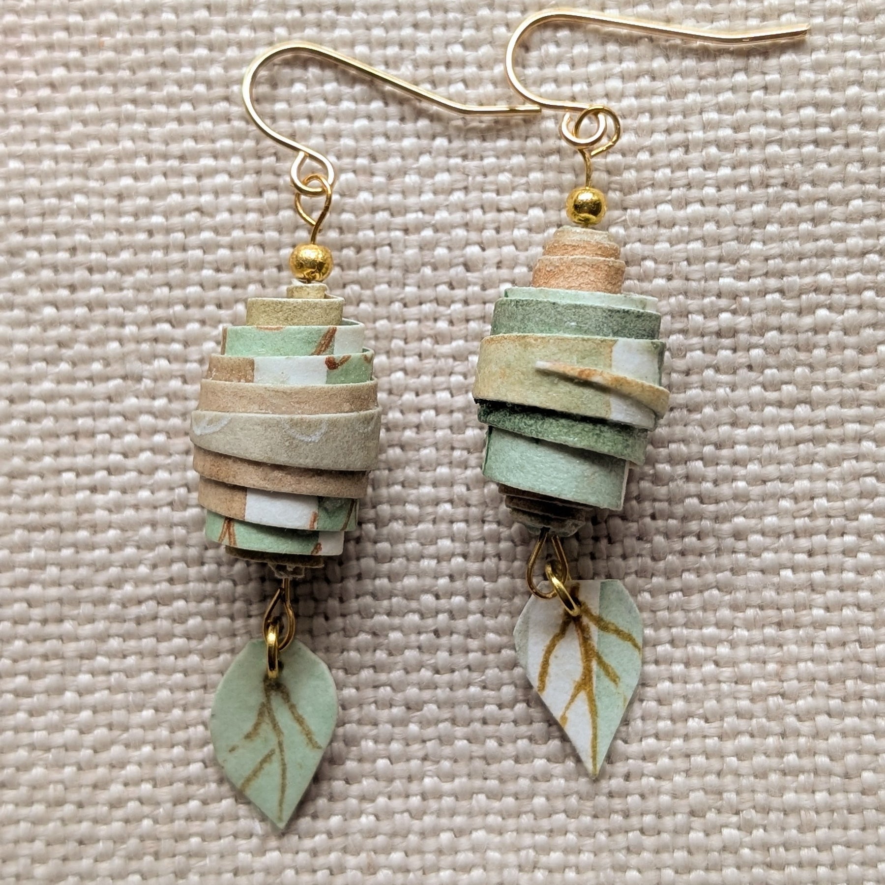 Botanical Coil Earrings – Handmade Sustainable Paper Bead Earrings with Leaf Charm