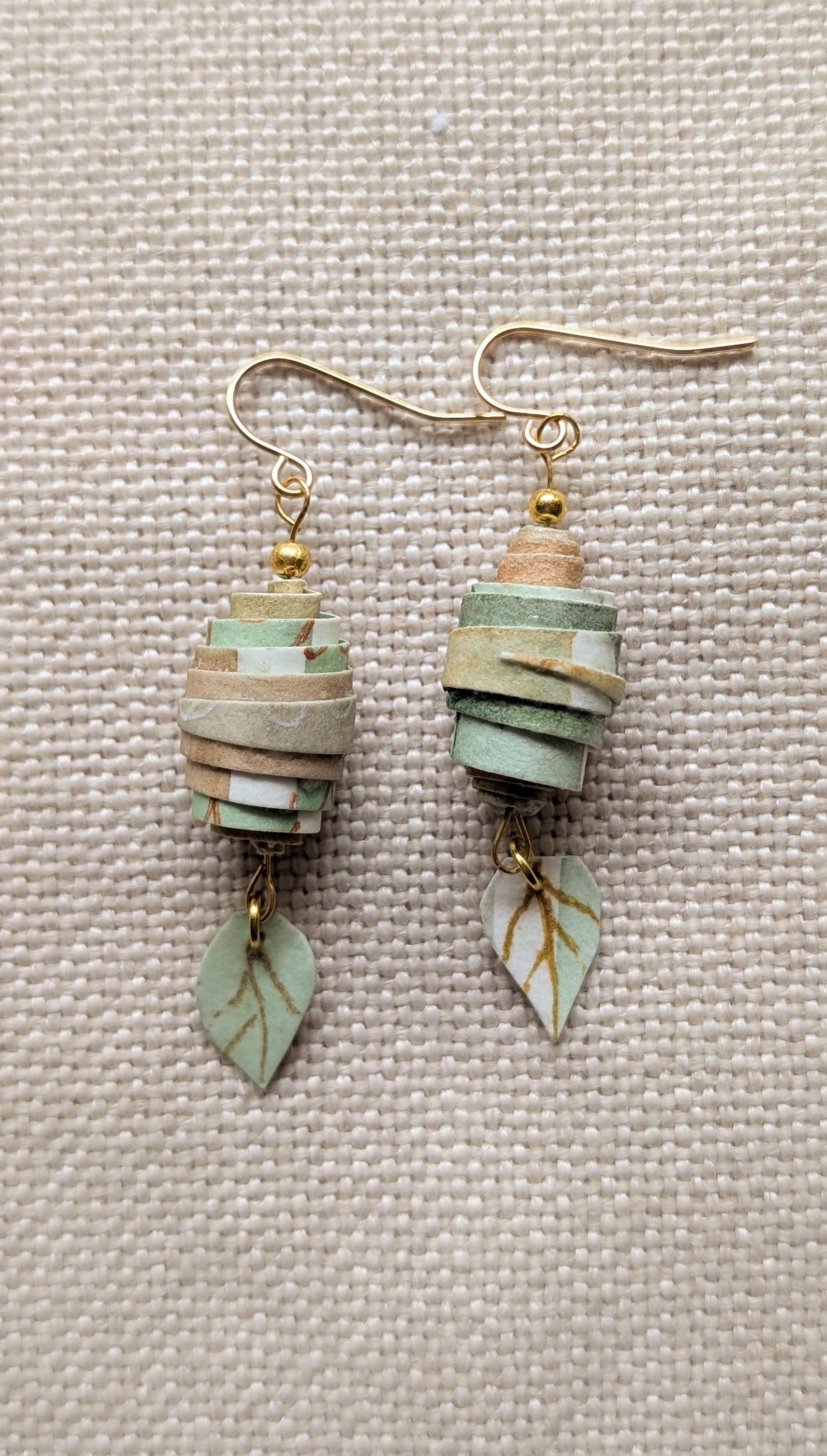 Botanical Coil Earrings – Handmade Sustainable Paper Bead Earrings with Leaf Charm