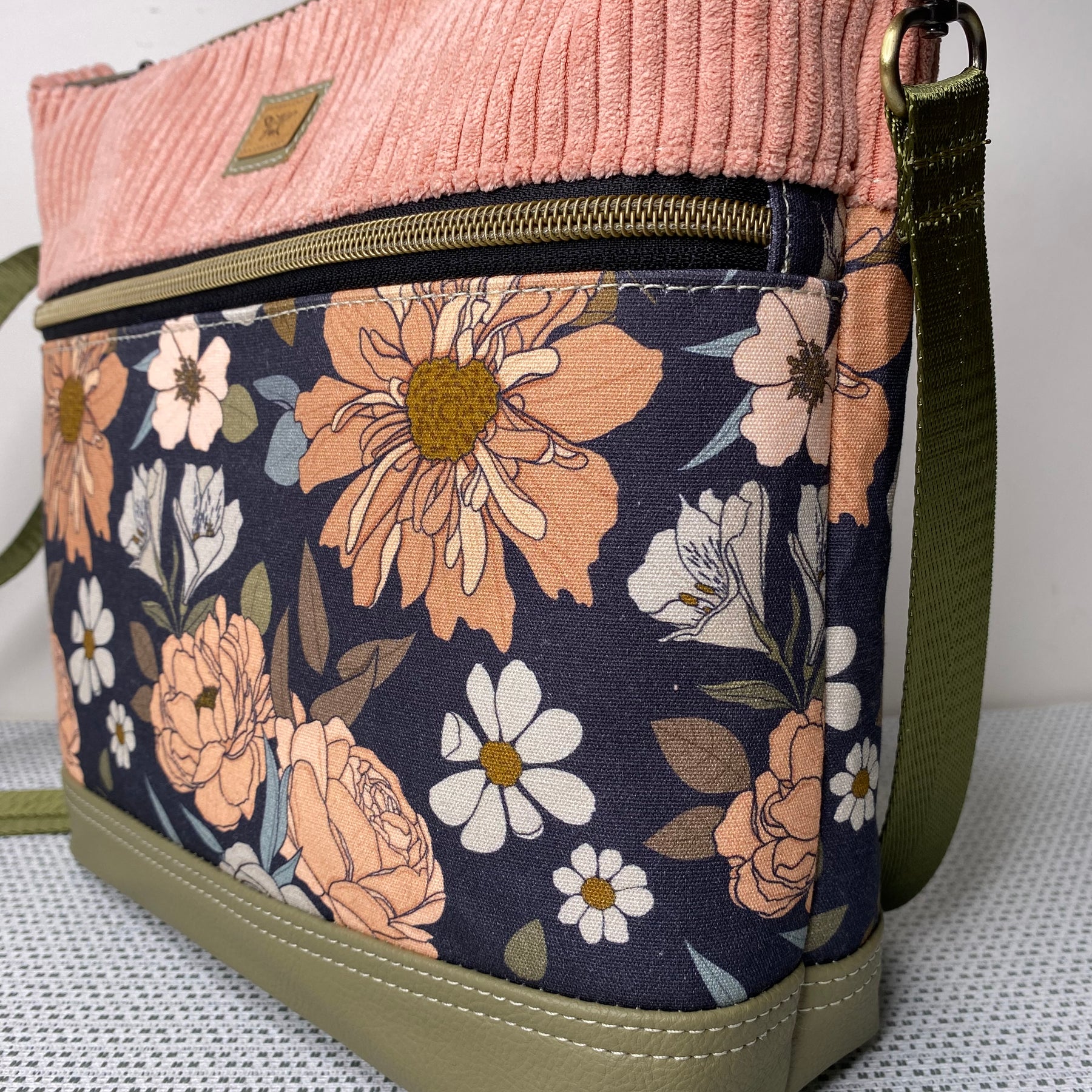Lola Crossbody Bag - Pink Roses & Pink Corduroy Fabric with Olive Green Faux Leather Base