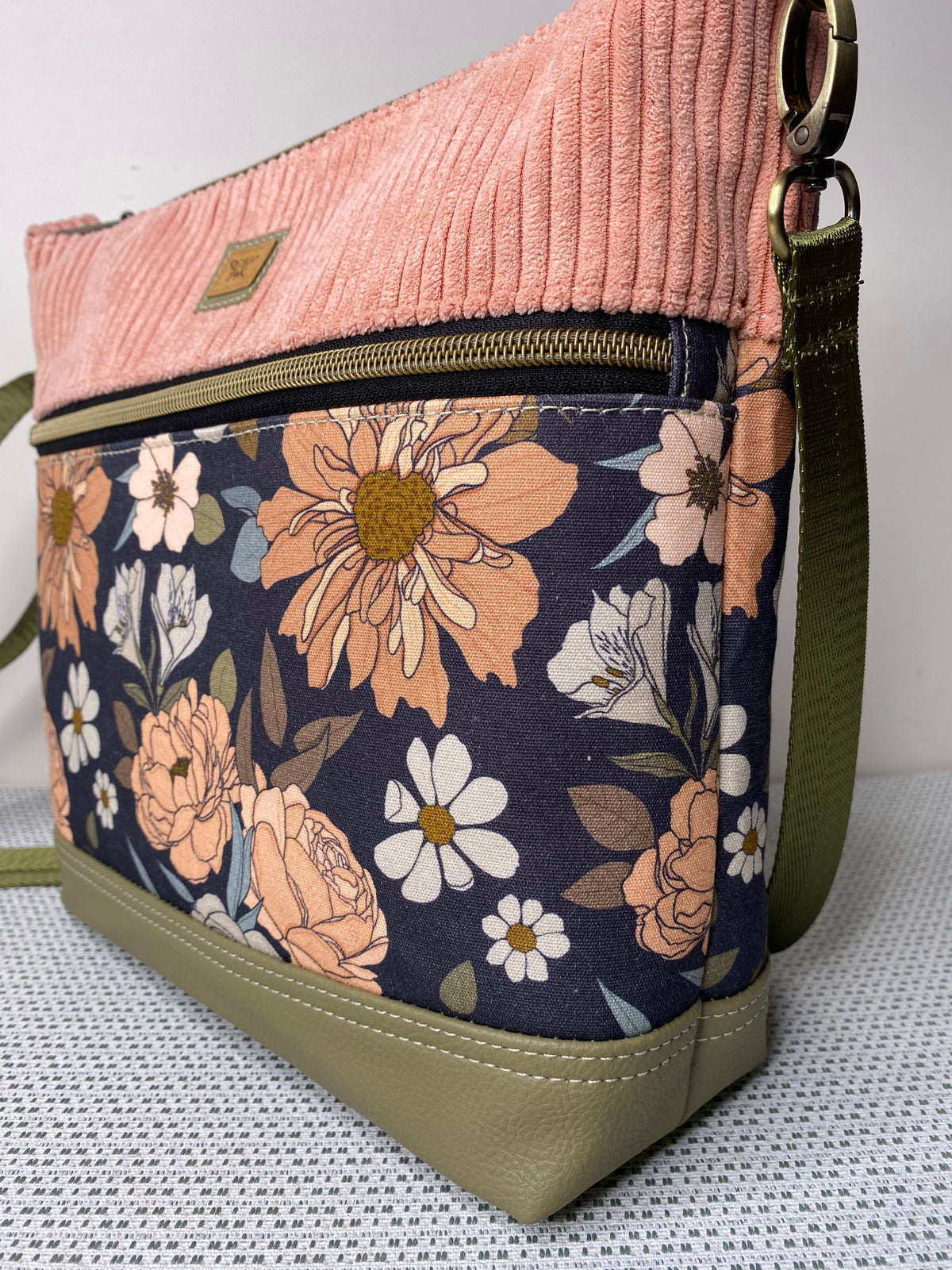 Lola Crossbody Bag - Pink Roses & Pink Corduroy Fabric with Olive Green Faux Leather Base