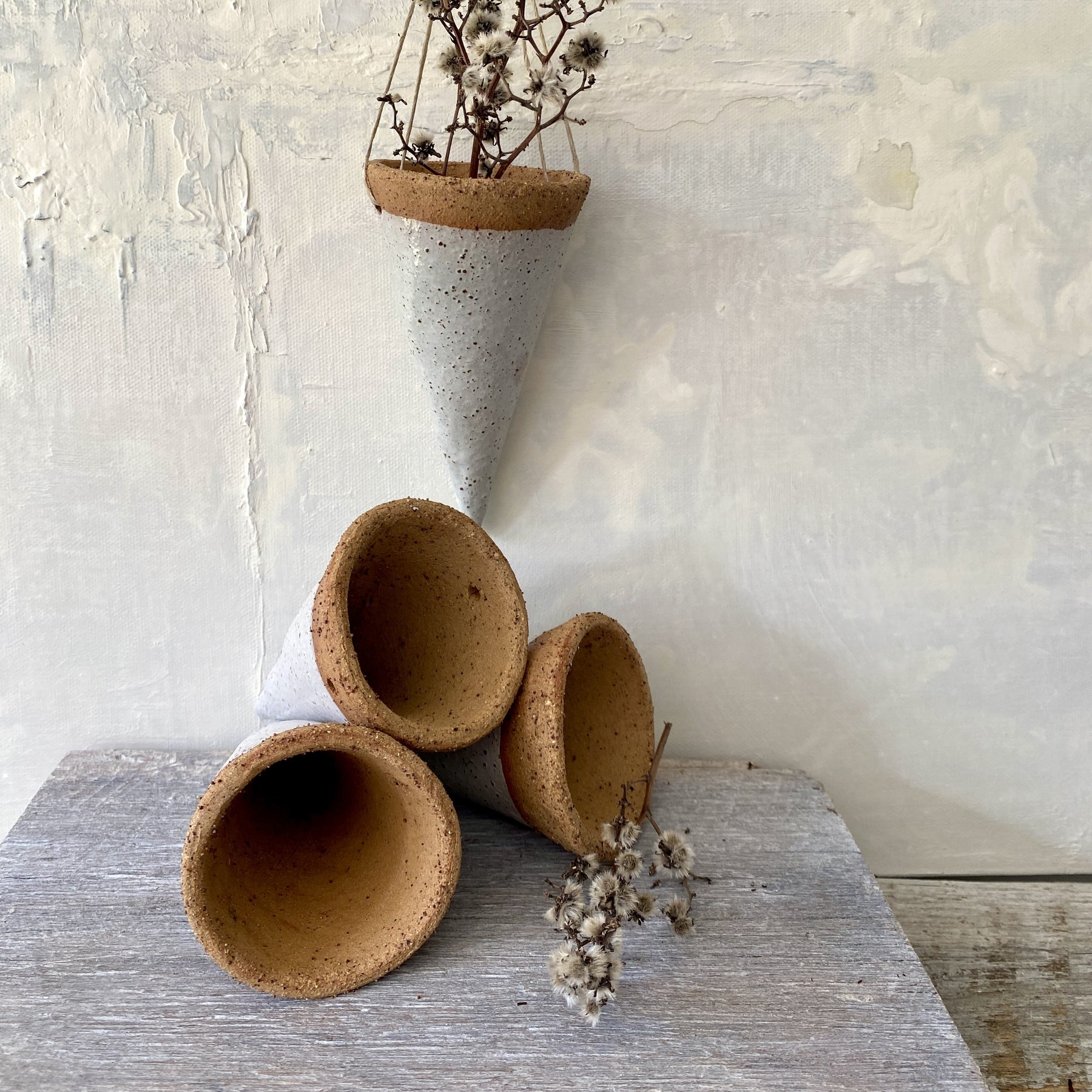 Hanging Cone Shaped Flower Vase |Rustic | Ceramics | White