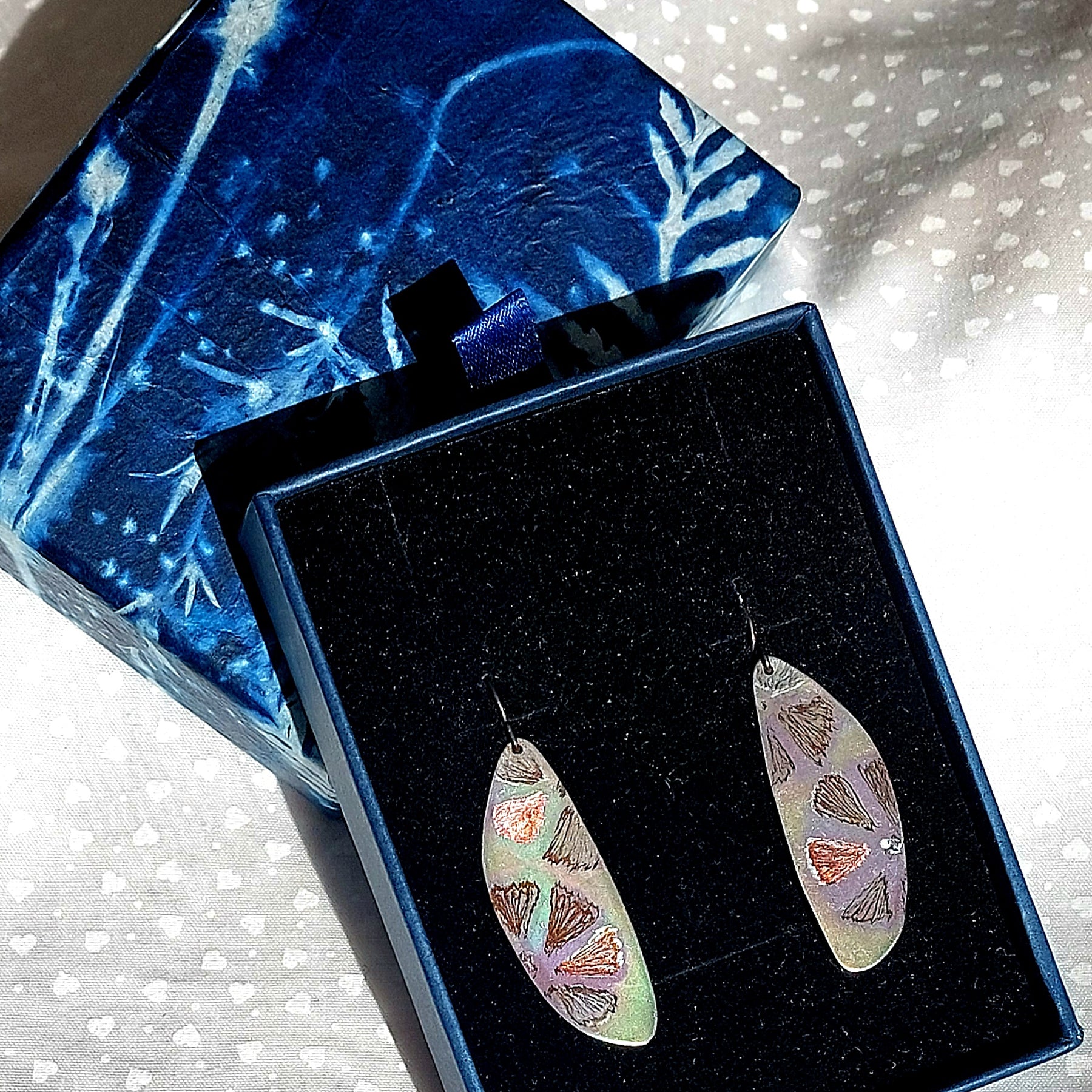 Opalescent and Bronze Titanium Dangle Earrings - Stylised Flower