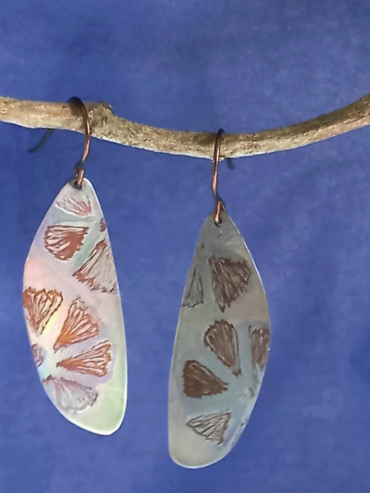 Opalescent and Bronze Titanium Dangle Earrings - Stylised Flower