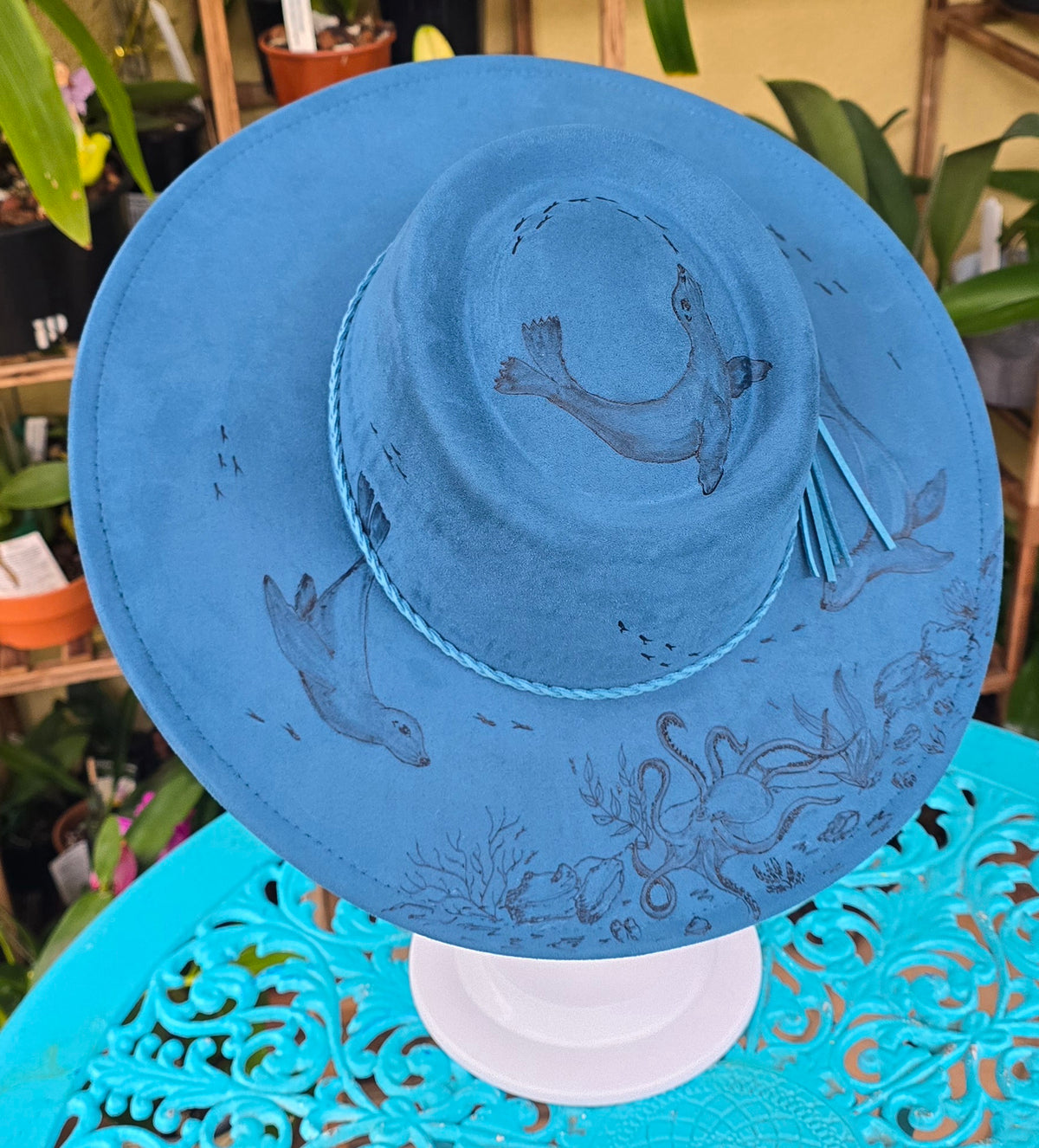 Sea Lion dance - hand burnt round top fedora