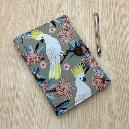 Cockatoos refillable A5 fabric notebook cover gift set - Incl. book and pen.