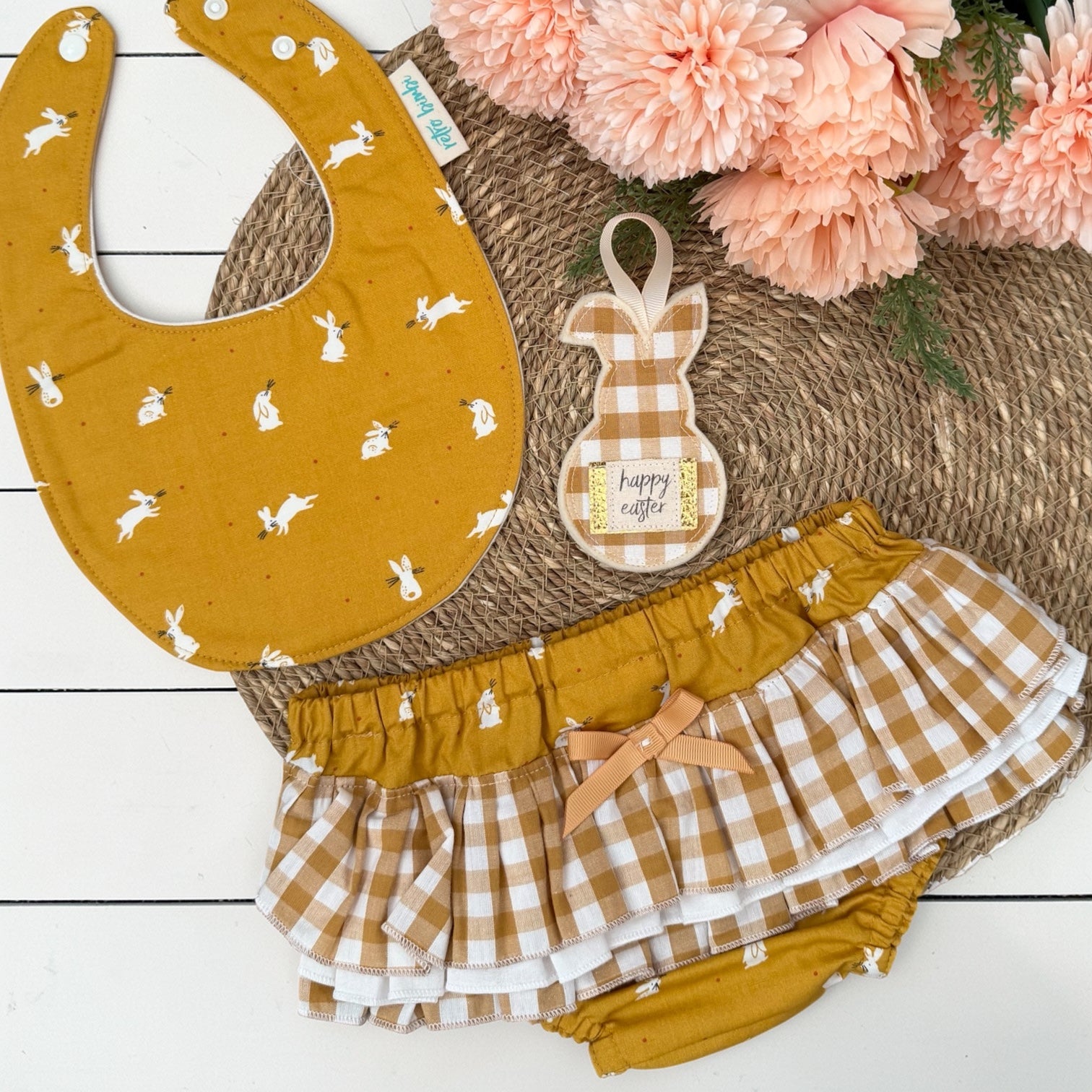 Ruffled Nappy Cover & Dribble Bib Set - Mustard Bunny - Size 0