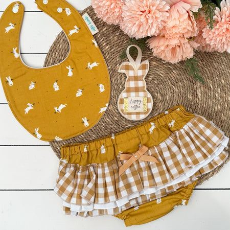 Ruffled Nappy Cover & Dribble Bib Set - Mustard Bunny - Size 0