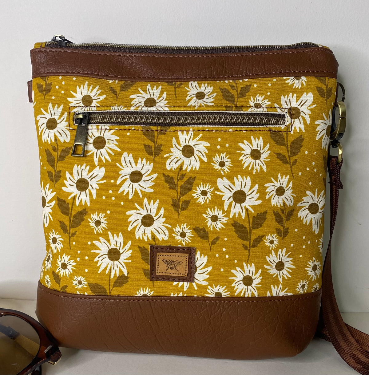 Mia Crossbody Bag - White Sunflowers on Mustard with Dark Brown Faux Leather