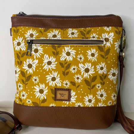 Mia Crossbody Bag - White Sunflowers on Mustard with Dark Brown Faux Leather