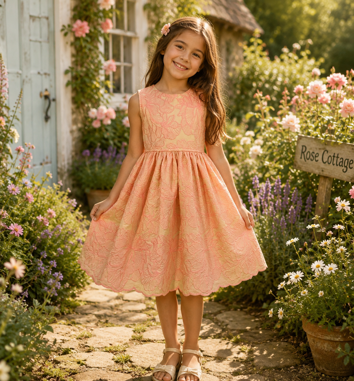 Pink Embroidered Honeycomb Lace Tea Party Dress - SIZES 5, 6 & 8