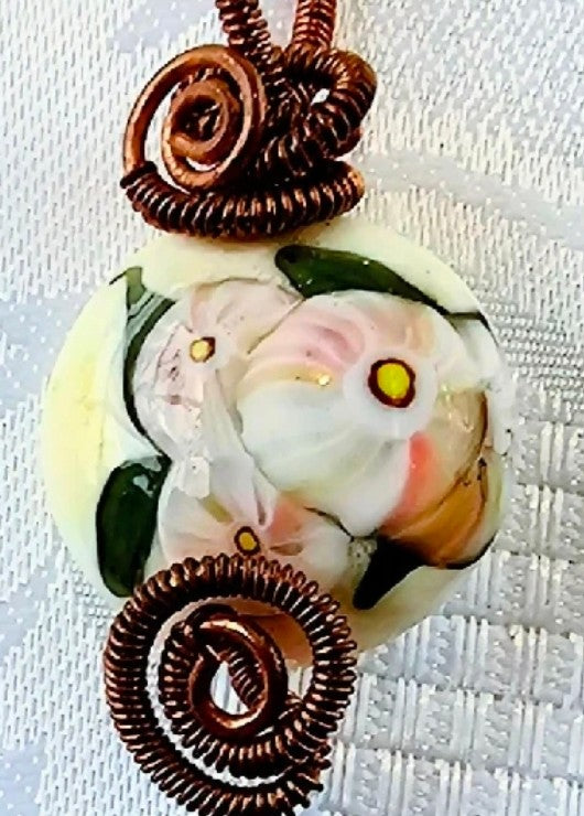 Gorgeous Floral Lampwork Pendant Wirewrapped in Antique Copper Wire FREE POST