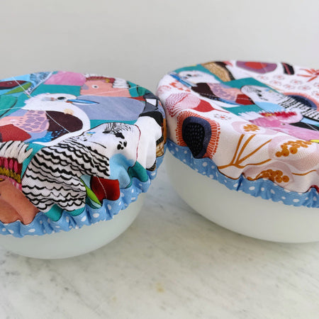 Australian birds reusable fabric bowl covers. Set of two. Proofing cloths.