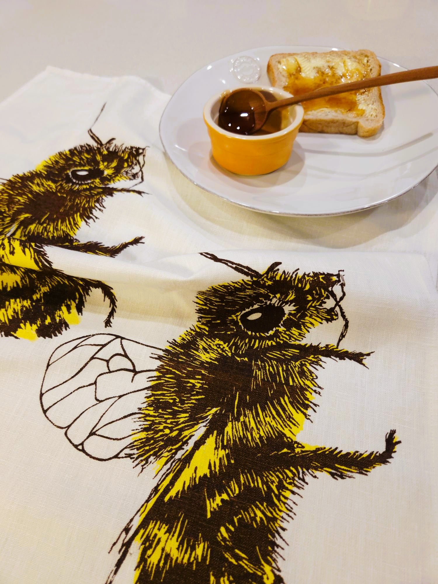 Hand Screen Printed Linen Tea Towels-2 Honey Bees