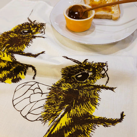 Hand Screen Printed Linen Tea Towels-2 Honey Bees