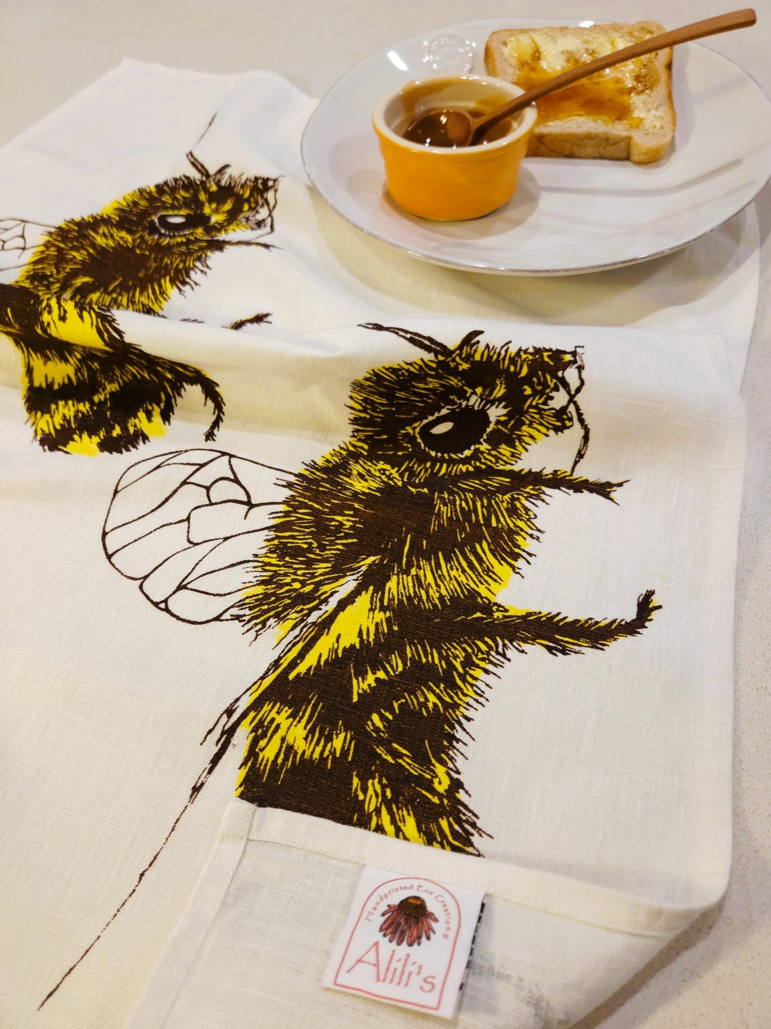 Hand Screen Printed Linen Tea Towels-2 Honey Bees