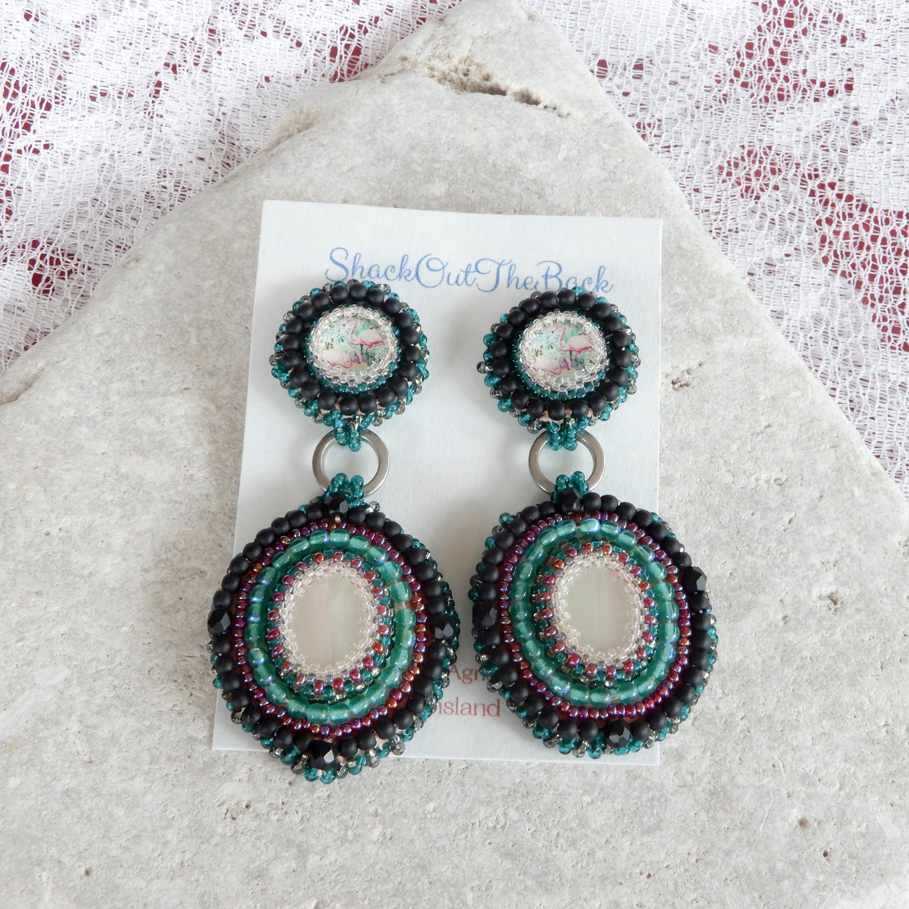 Bead Embroidered Cabochon Earrings in Green & Black