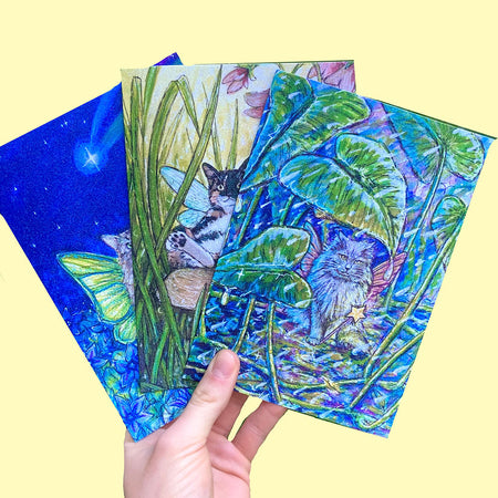 Sparkly Greeting Cards - Watercolour Fairy Cats