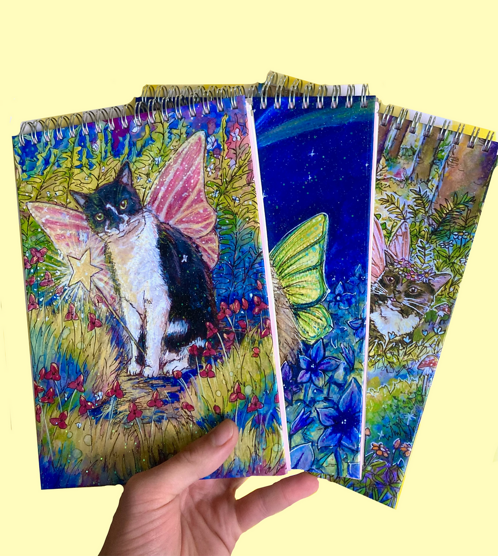 Sparkly Rainbow Notebooks - Watercolour Fairy Cats