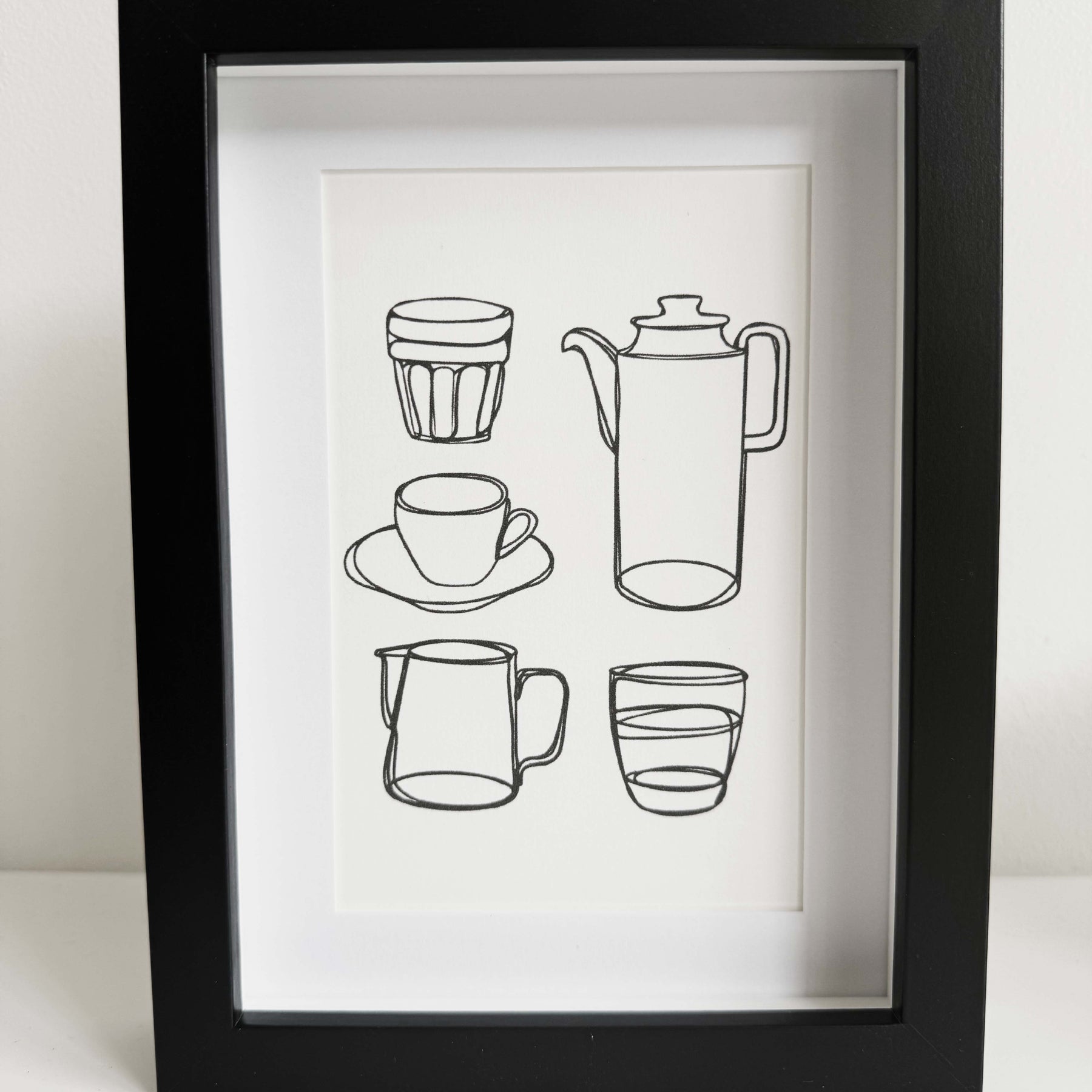 Modern Mini Print: Coffee Corner Line Drawing, black frame with inset included (13 x 18cm)