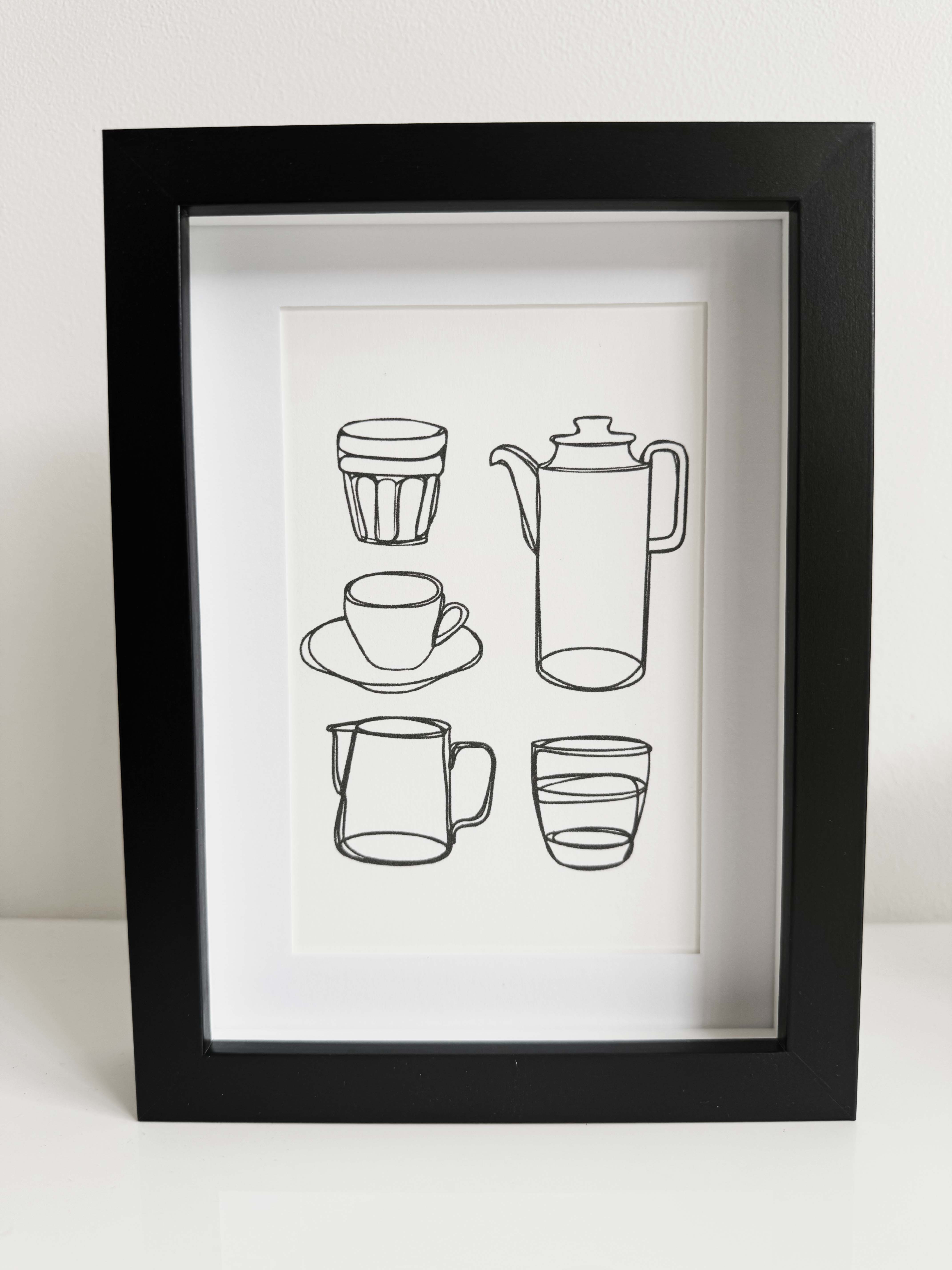 Modern Mini Print: Coffee Corner Line Drawing, black frame with inset included (13 x 18cm)