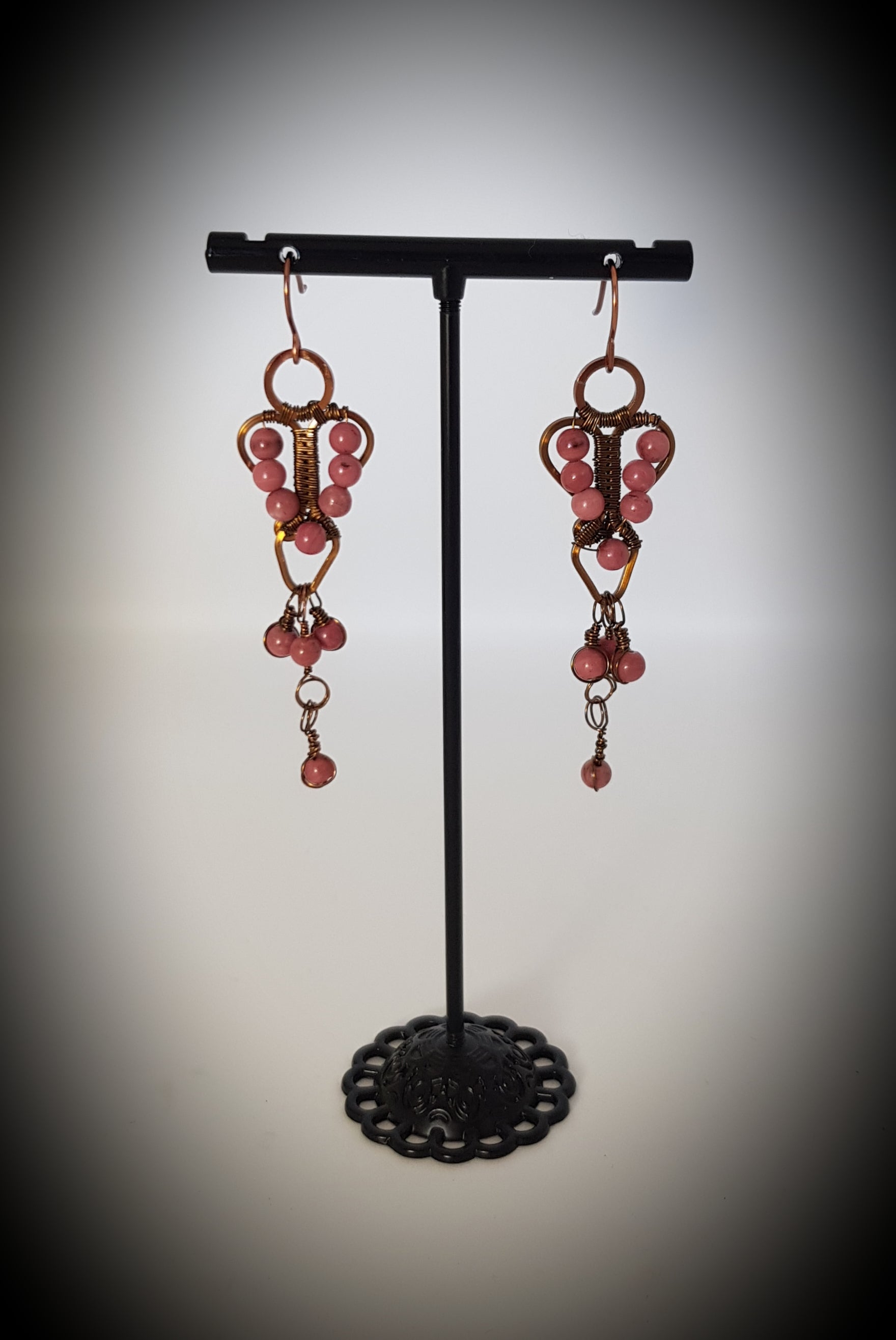 hanging hearts with Rhodonite bead earrings #671 AM/E