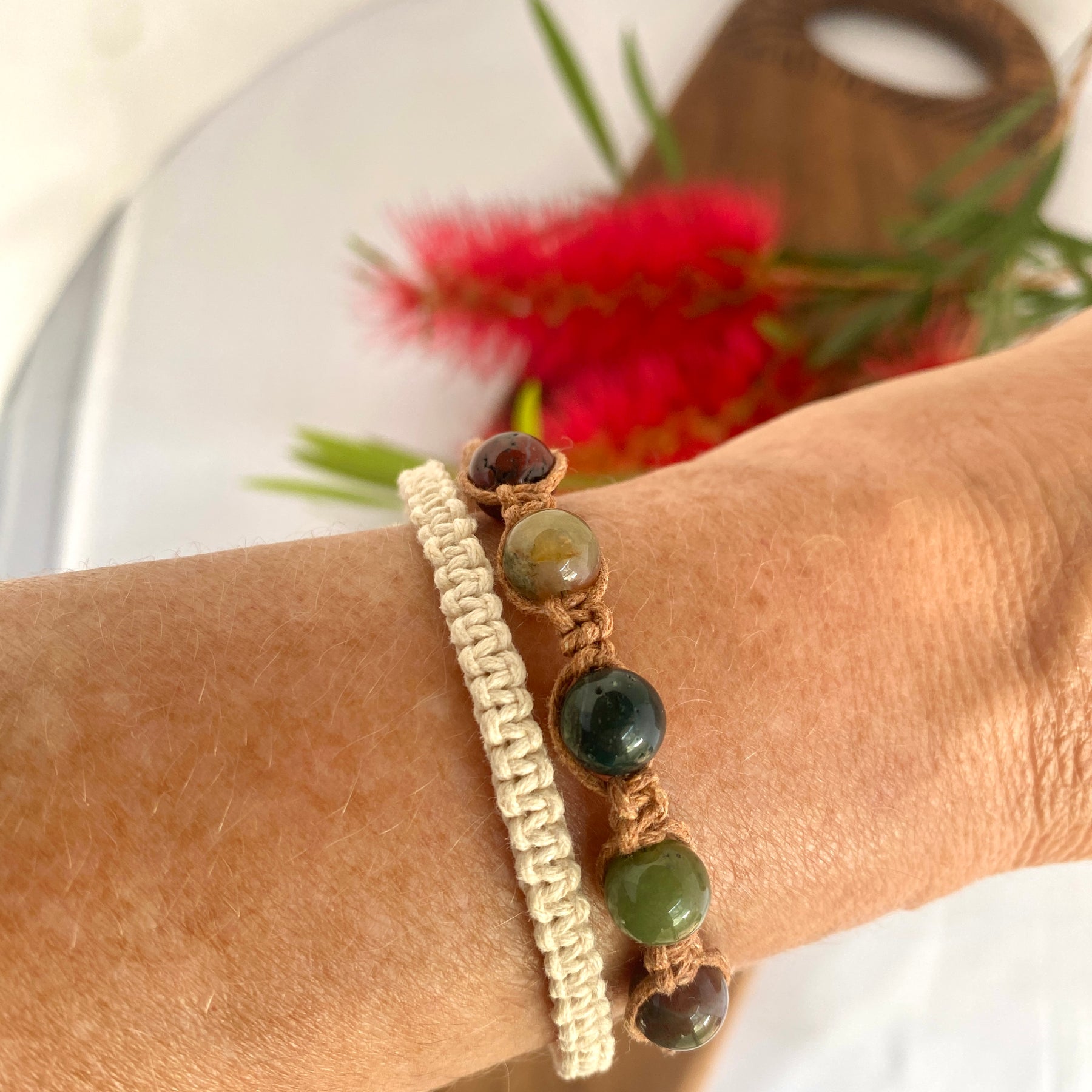 Indian Agate Gemstone Tan Macrame Wrap Bracelet | Cotton Cord Jewellery | Gift Set