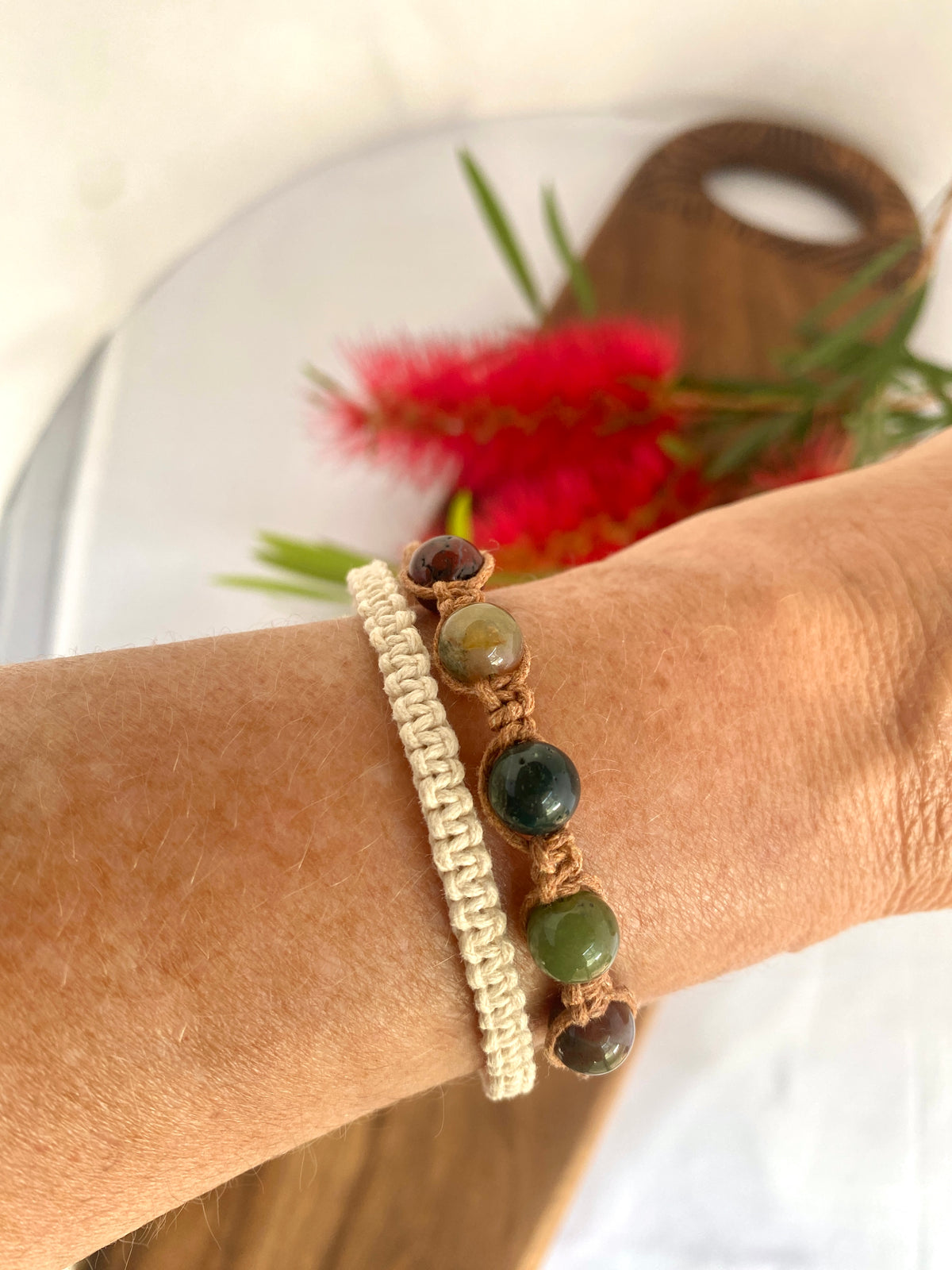 Indian Agate Gemstone Tan Macrame Wrap Bracelet | Cotton Cord Jewellery | Gift Set