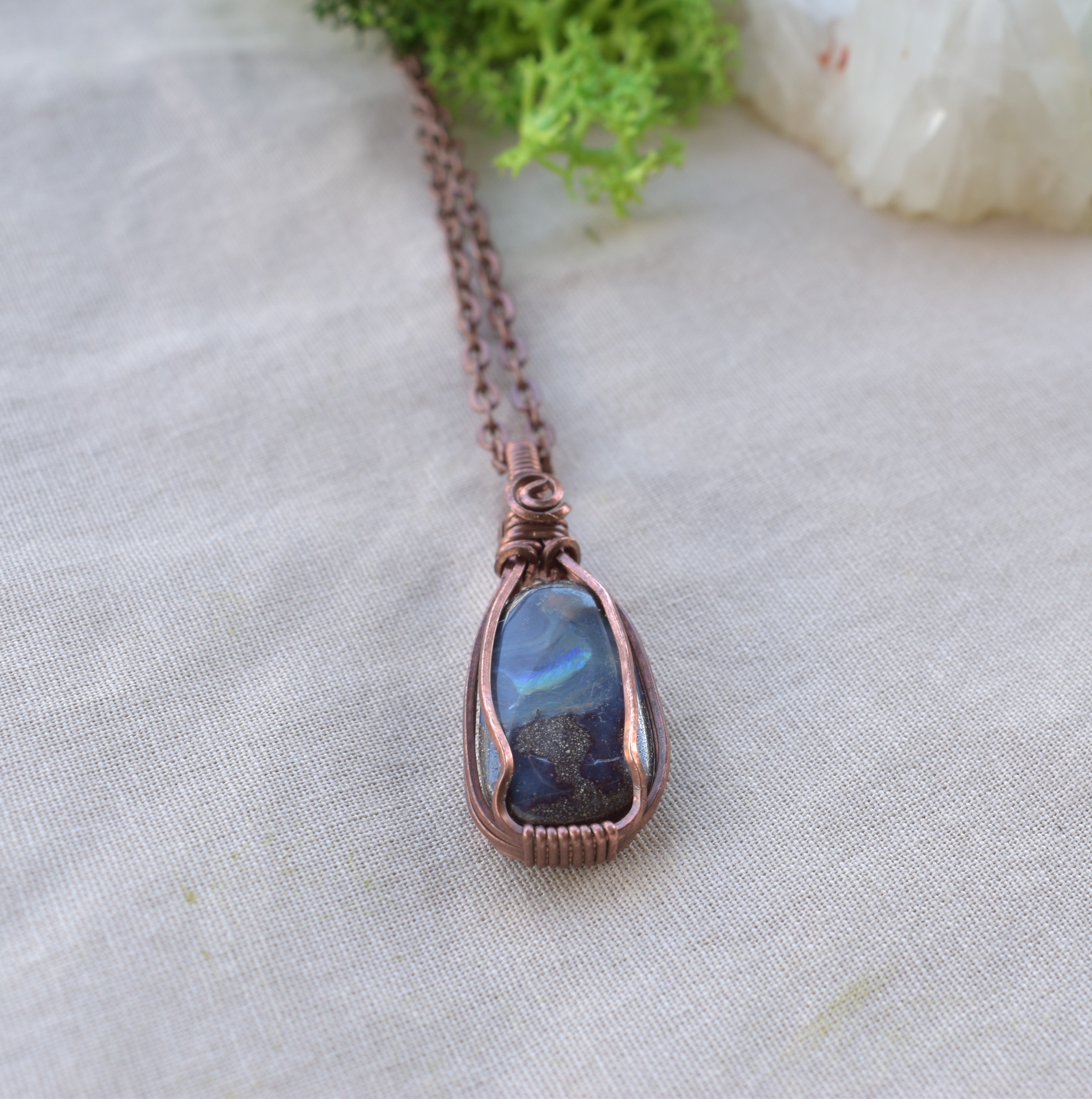 Night-Sky Australia Boulder Opal Copper Wrapped Pendant