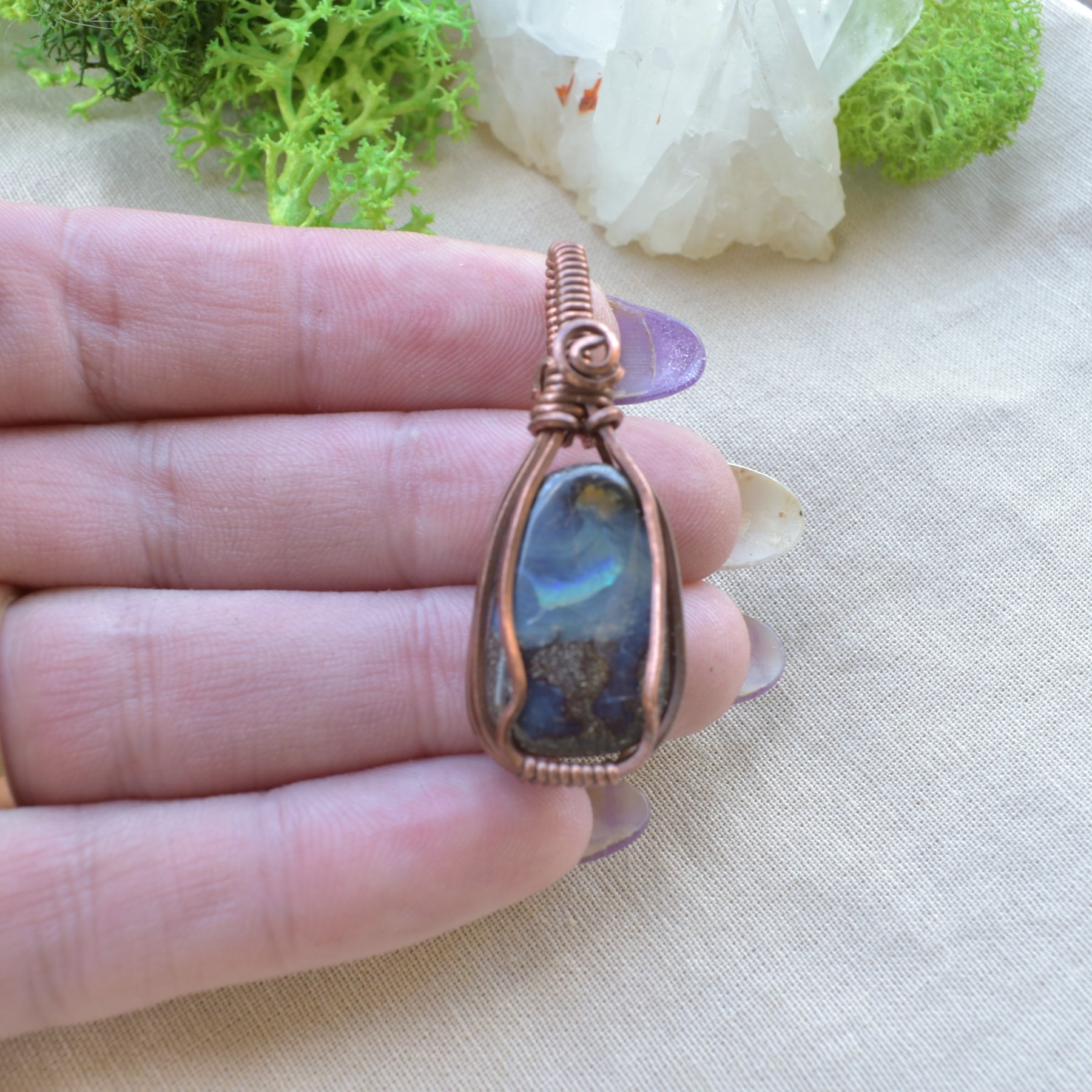 Night-Sky Australia Boulder Opal Copper Wrapped Pendant
