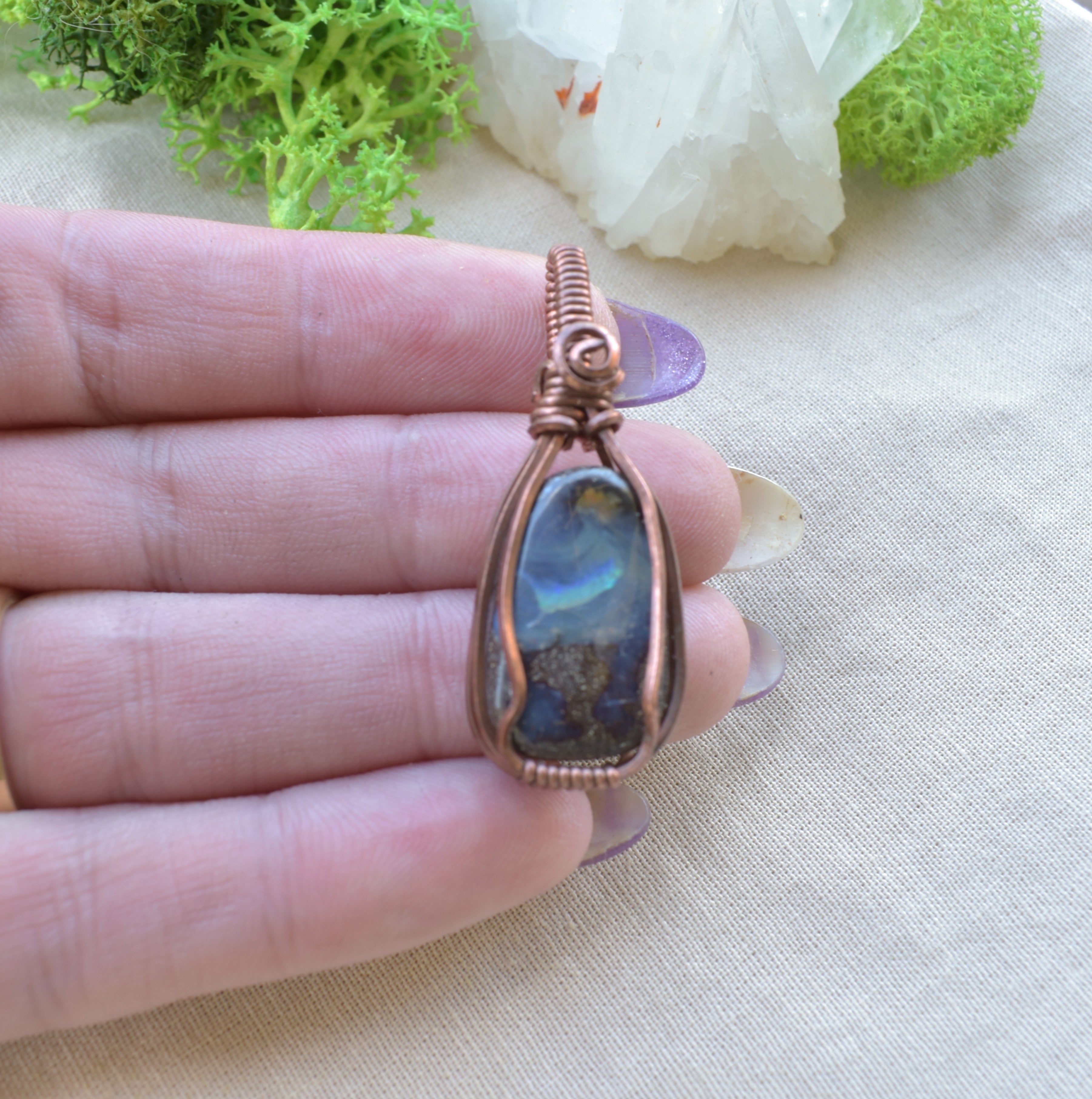 Night-Sky Australia Boulder Opal Copper Wrapped Pendant