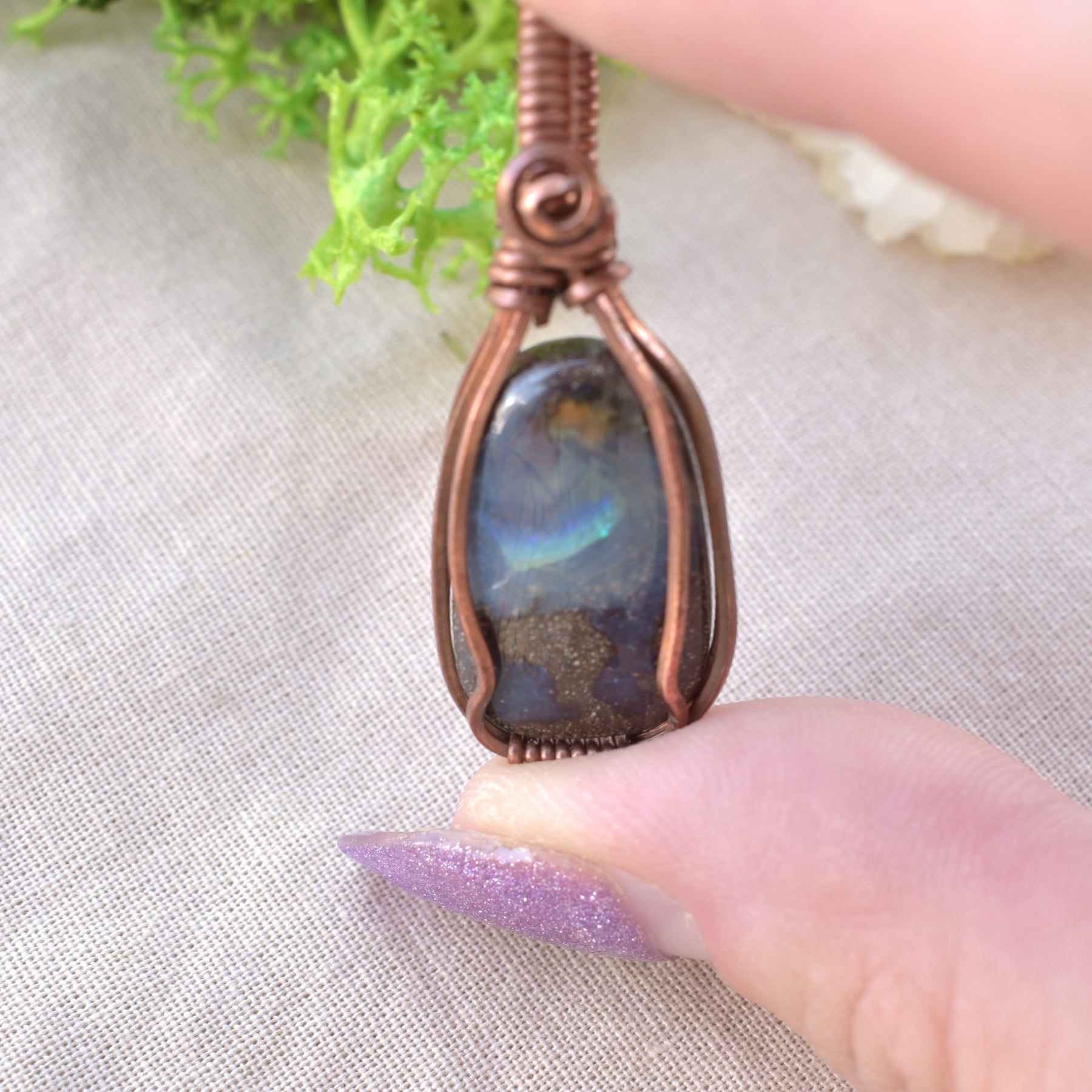 Night-Sky Australia Boulder Opal Copper Wrapped Pendant