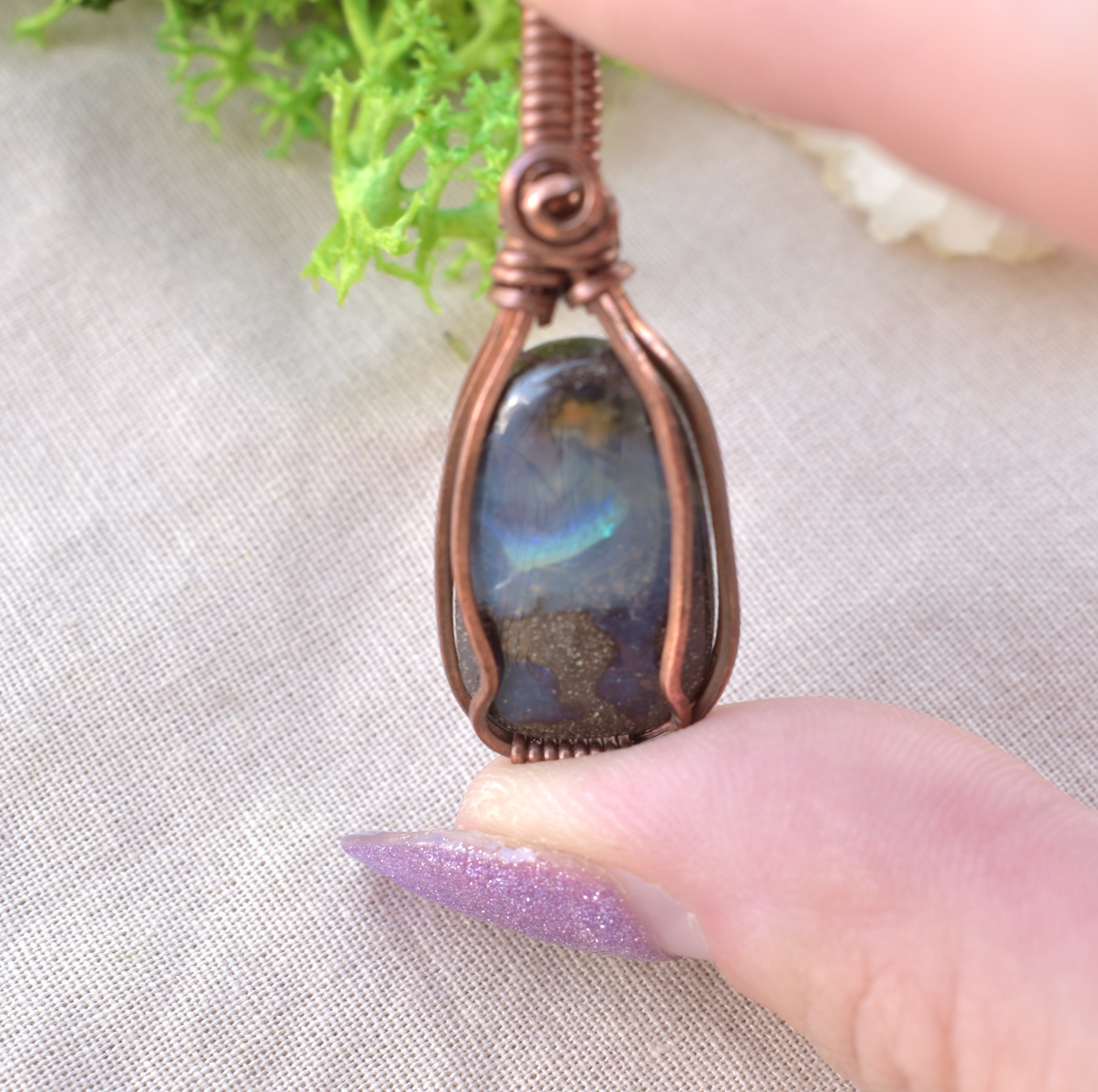 Night-Sky Australia Boulder Opal Copper Wrapped Pendant