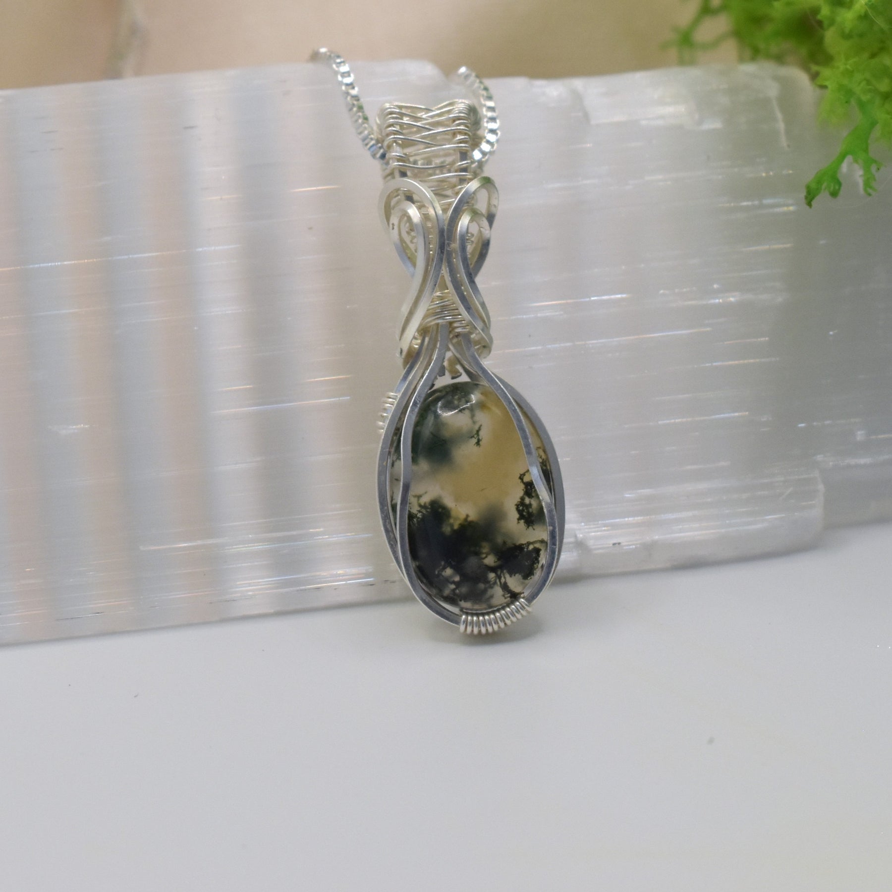 Wire-wrapped Moss Agate Silver Pendant