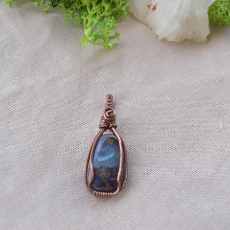 Night-Sky Australia Boulder Opal Copper Wrapped Pendant