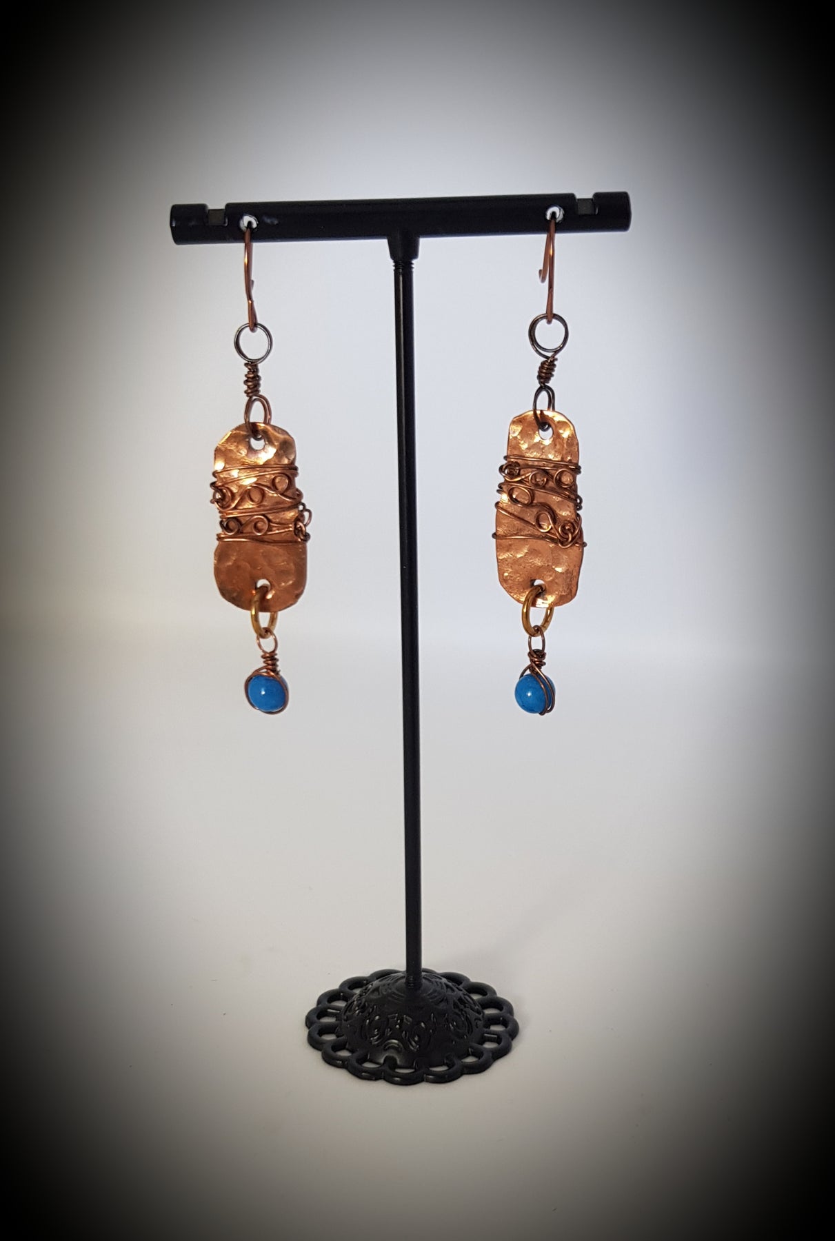 Organic copper earrings with turquoise bead. #673 AM/E