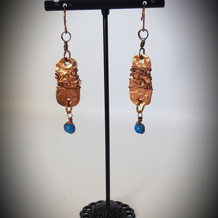 Organic copper earrings with turquoise bead. #673 AM/E