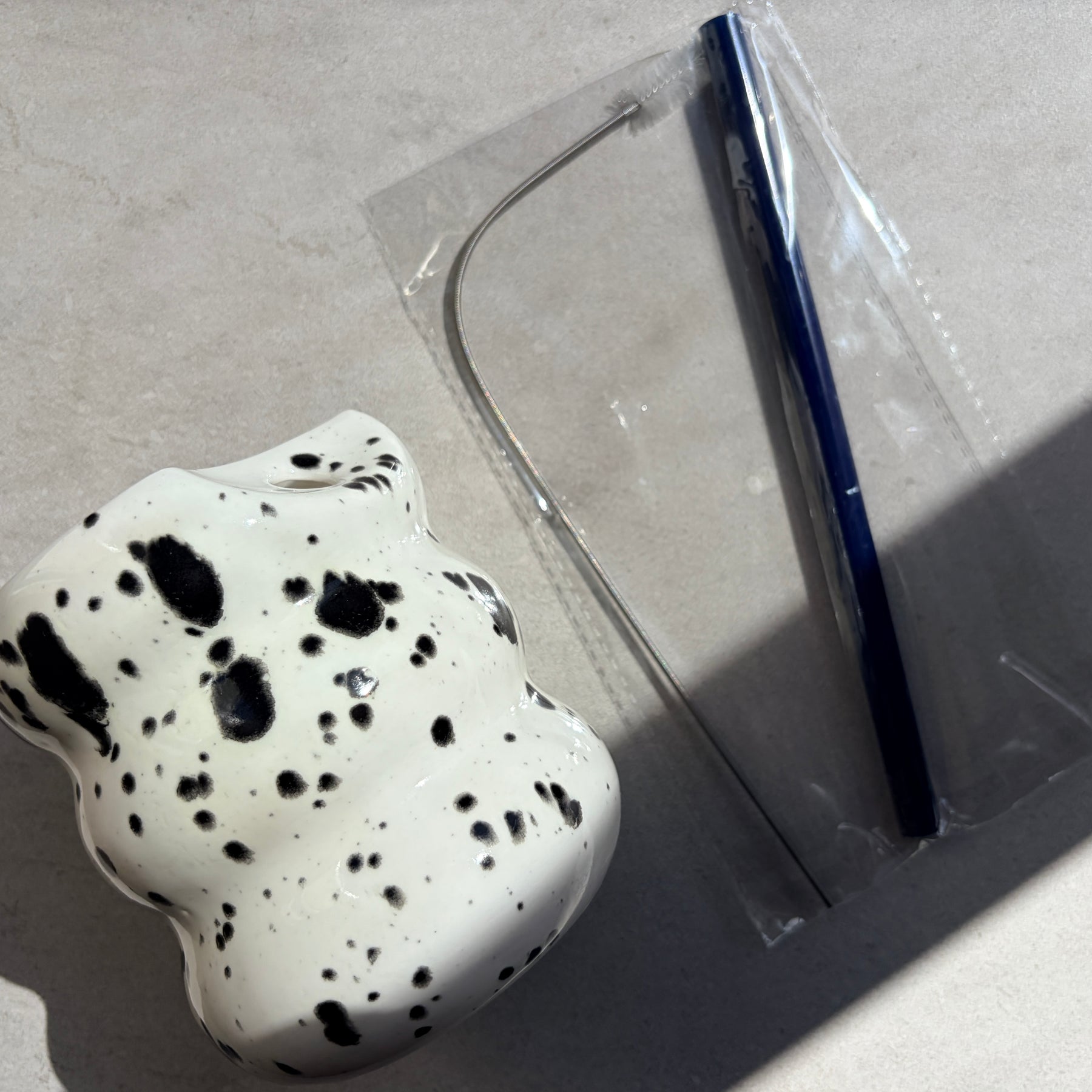 Handcrafted Porcelain Tumbler with Silicon Straw, 600mL Bubble Cup in Dalmatian Glaze