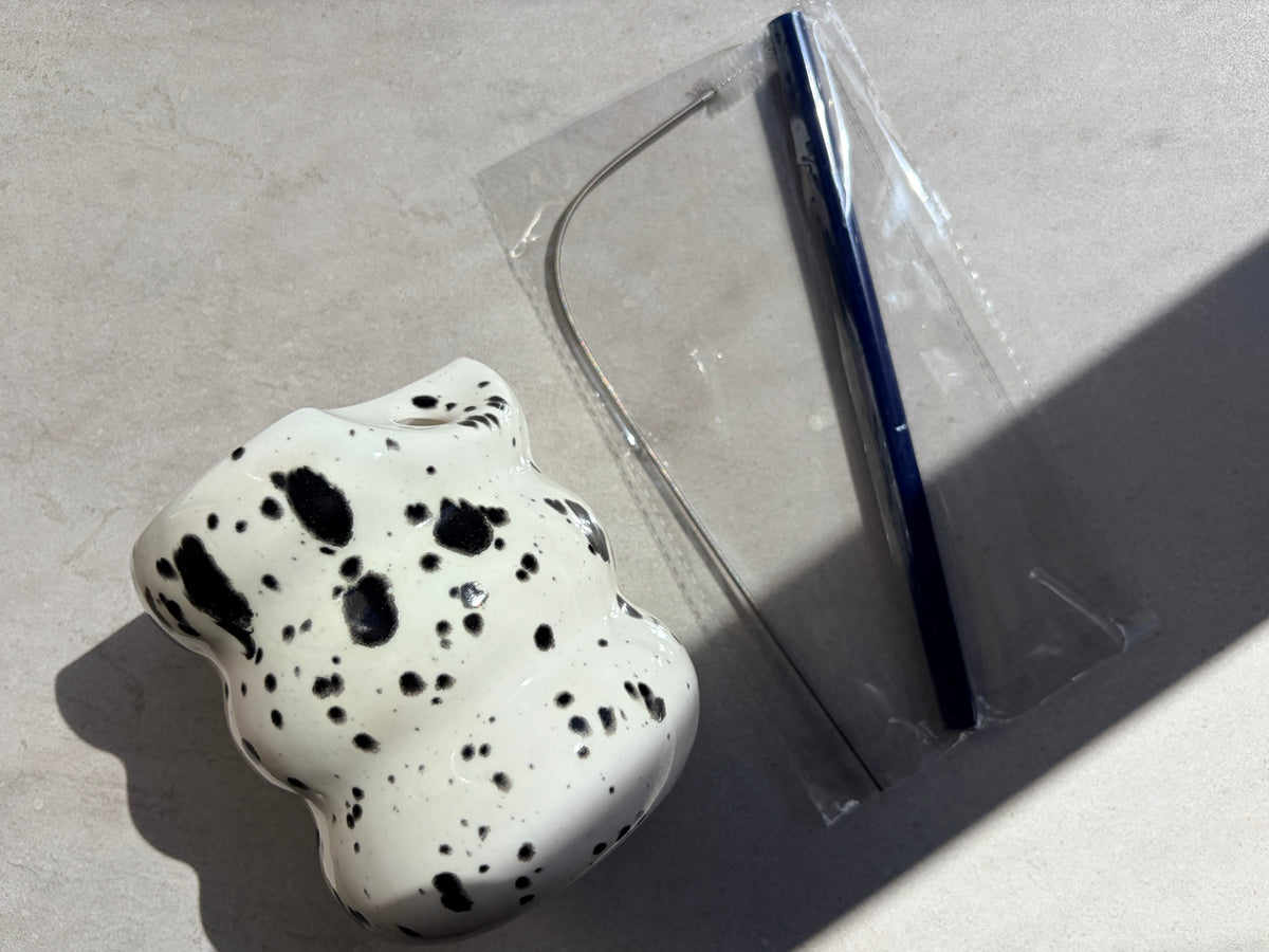 Handcrafted Porcelain Tumbler with Silicon Straw, 600mL Bubble Cup in Dalmatian Glaze