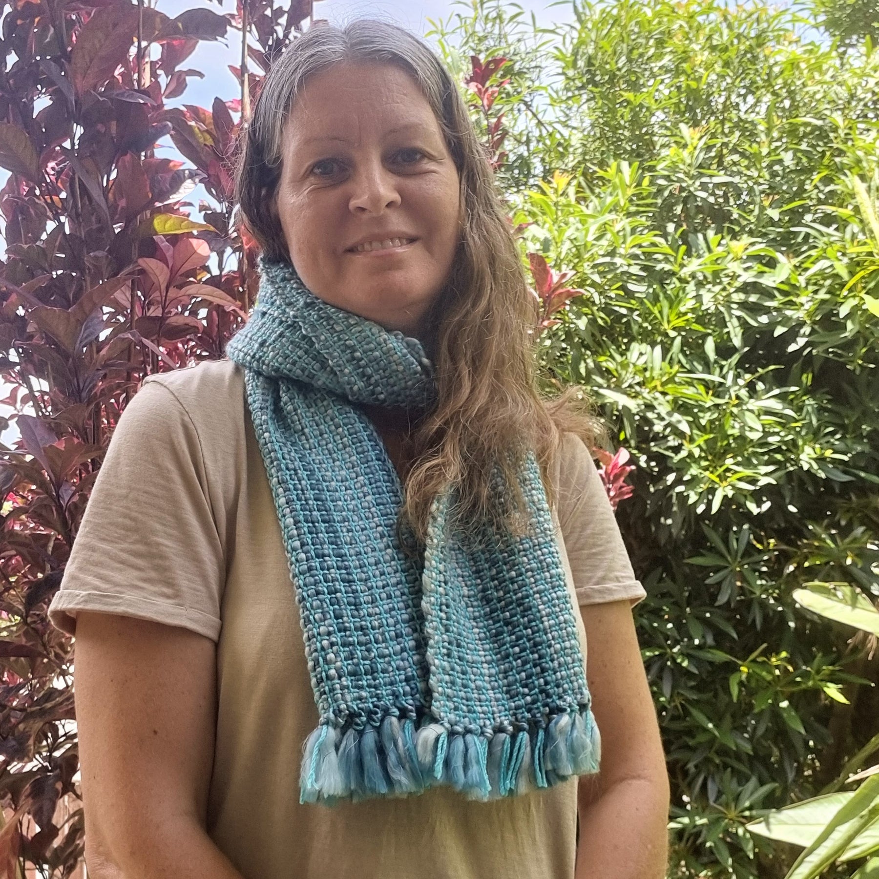 Handwoven blue scarf - square texture design