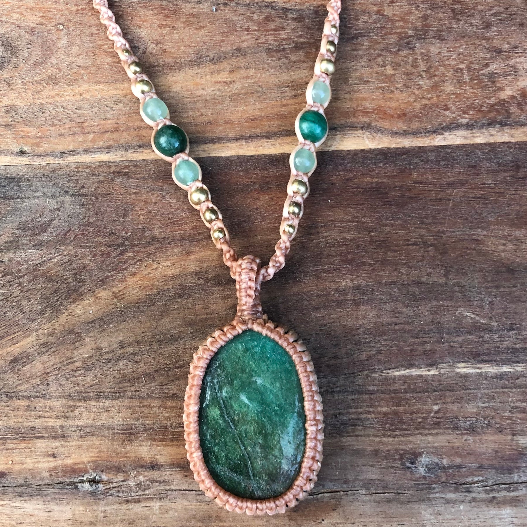 Green Fuschite Pendant Necklace: Beaded Macrame, Adjustable Boho Gift