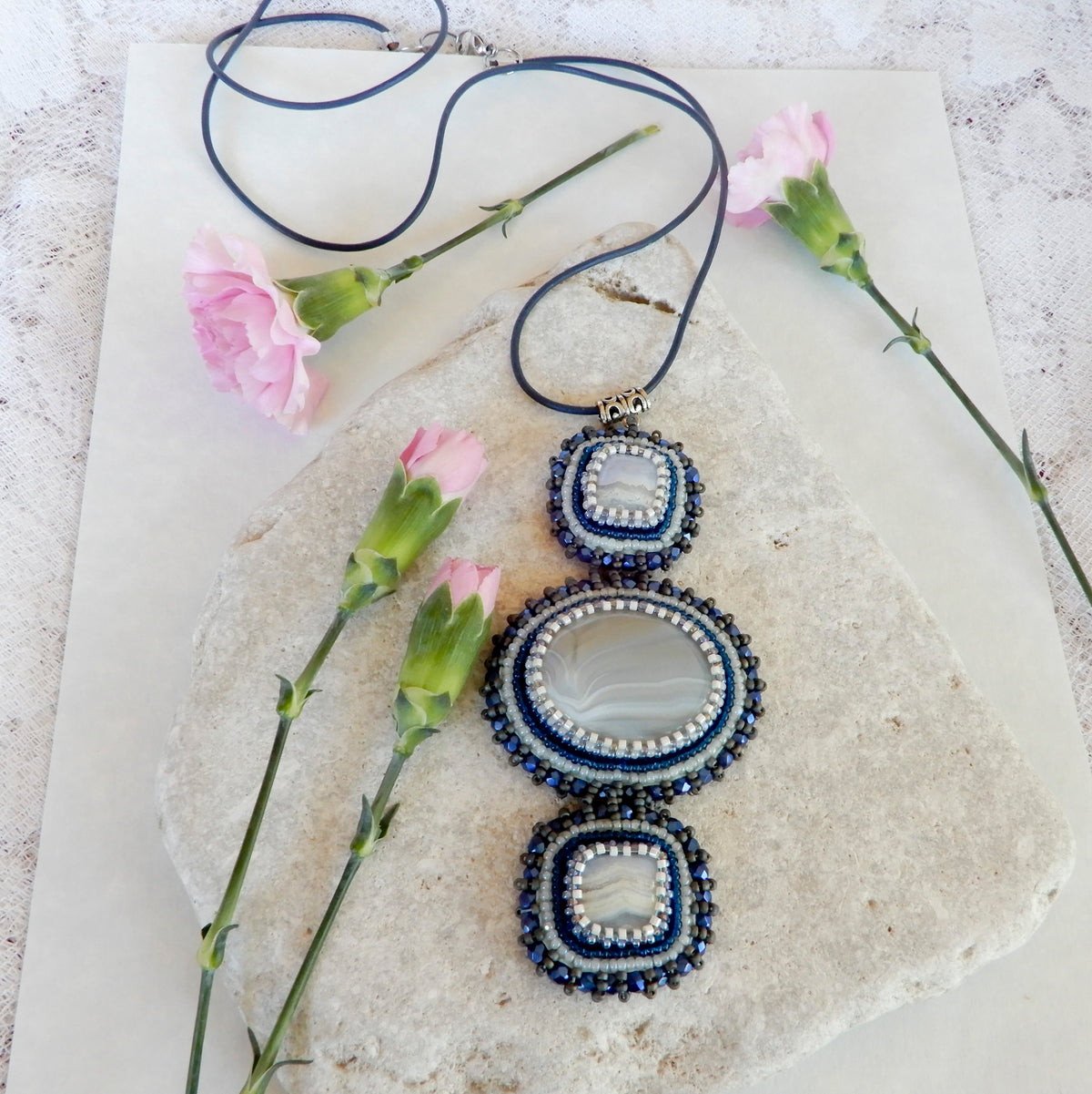 Bead Embroidered Lace Agate Gemstone Pendant