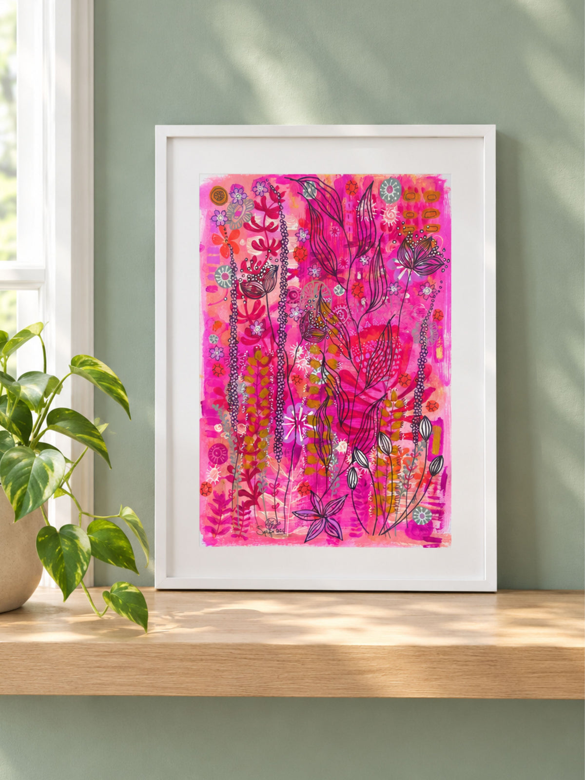 Original Hand-Painted Art: Ember Lines in Hot Pink