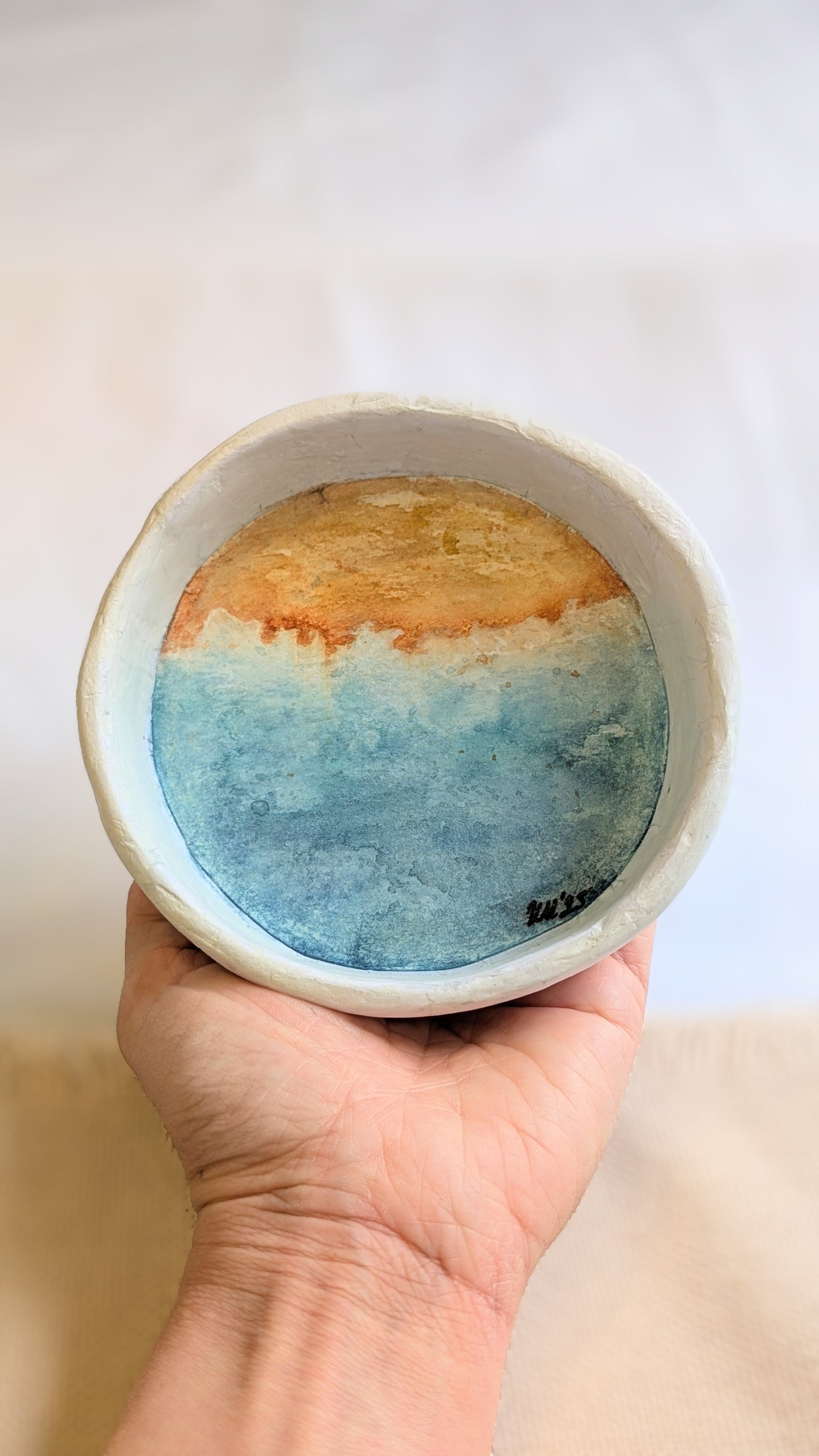Handcrafted Paper Clay Bowl with Hand-Painted Ocean Scene | Coastal Collection