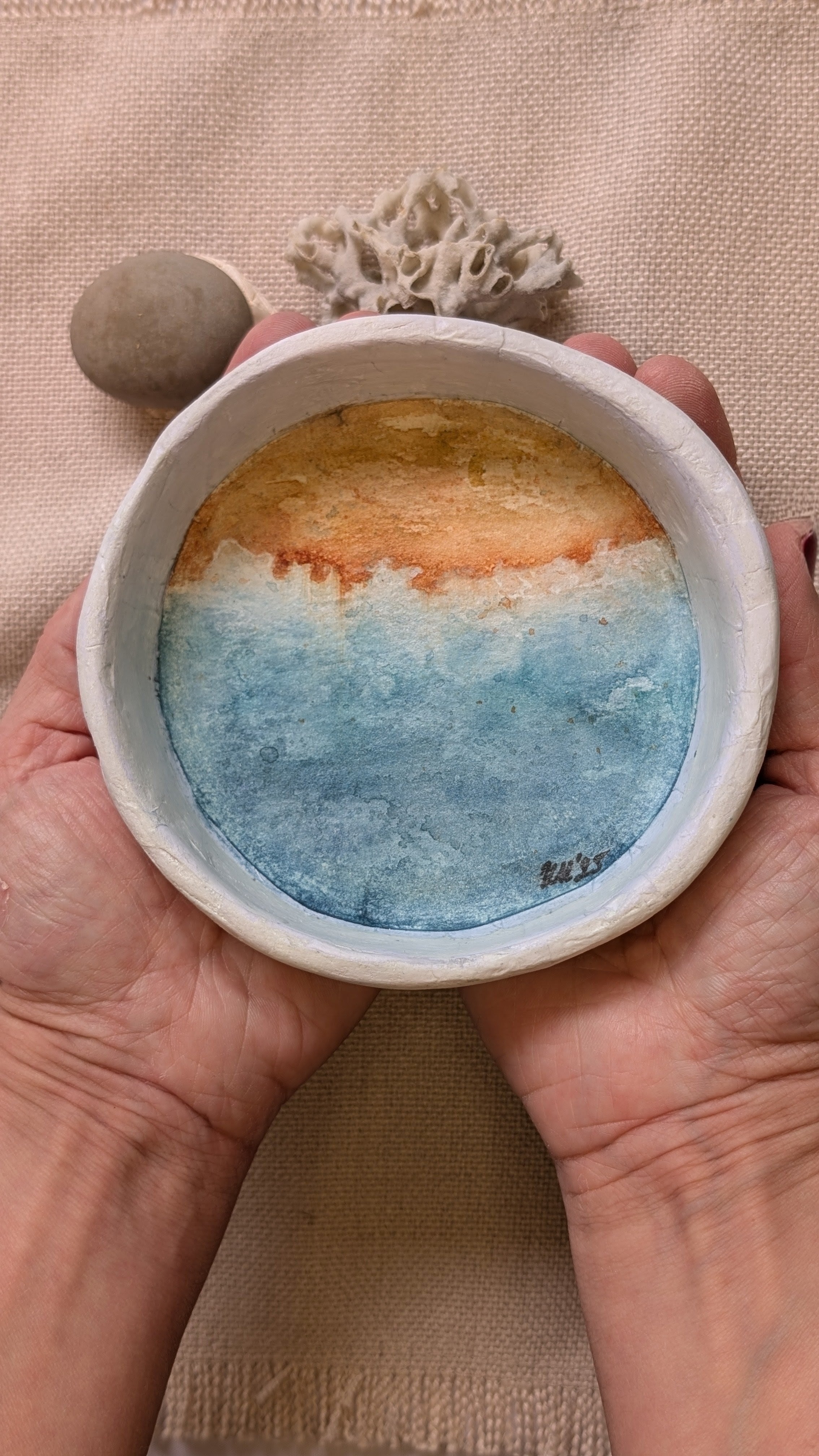 Handcrafted Paper Clay Bowl with Hand-Painted Ocean Scene | Coastal Collection