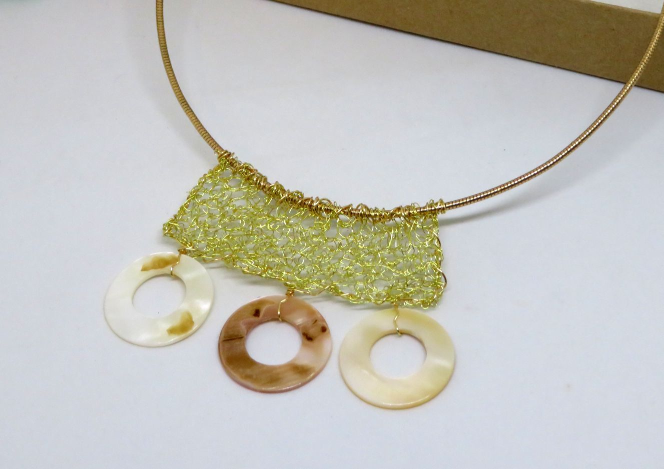 Bespoke Handmade Gold Crochet Wire Trio Shell Pendant Choker Necklace
