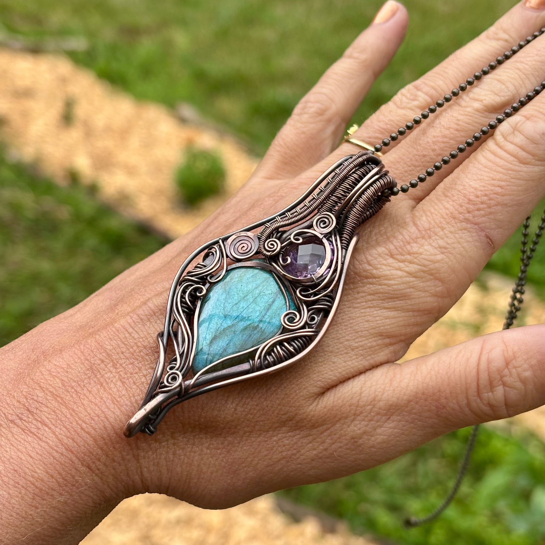 Labradorite, Amethyst copper wire wrap