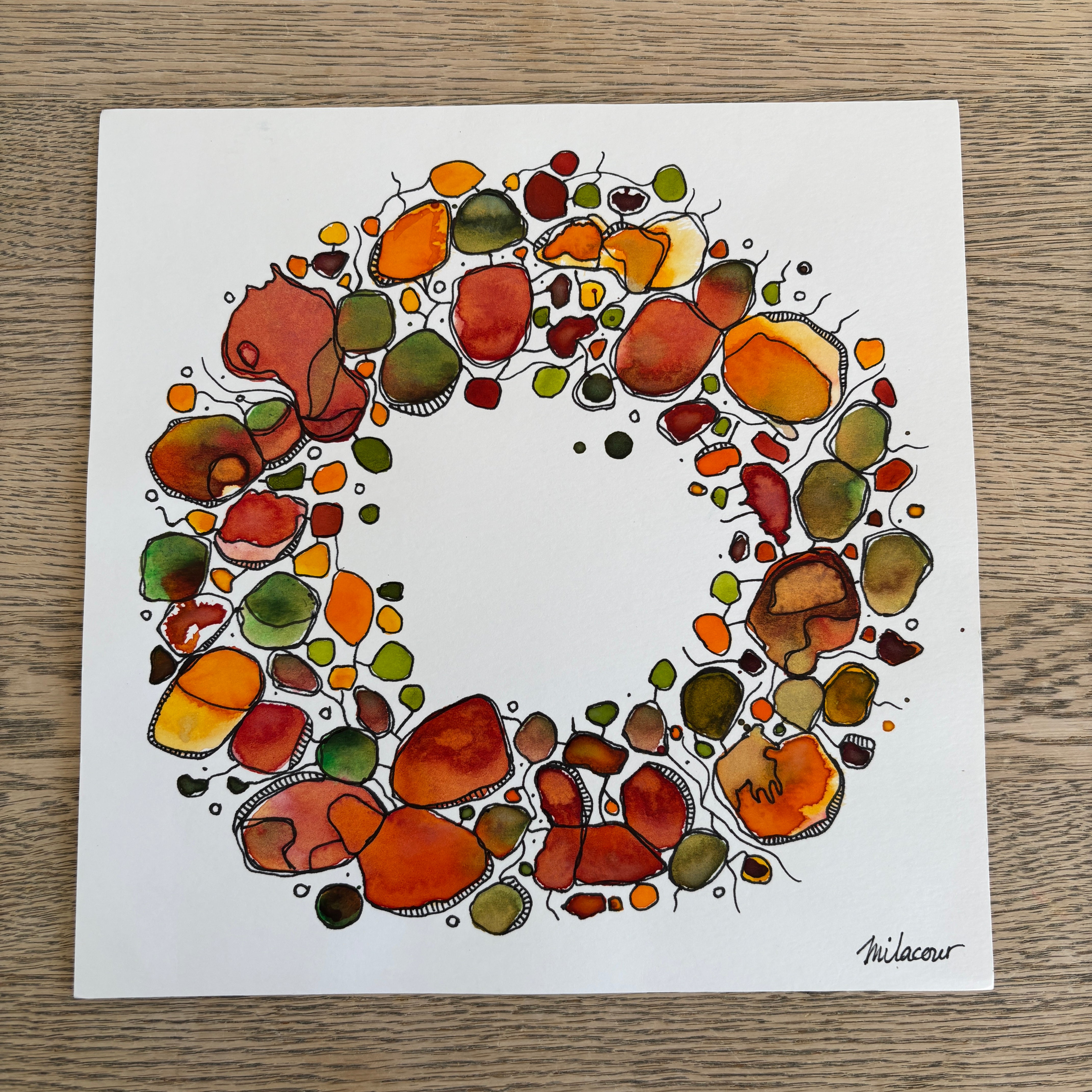 Original Handpainted Art | Flower Wreath in Rust, Greens & Yellows |