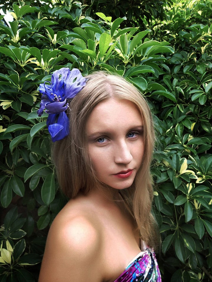 Leather Orchid Night Beauty , Flower Brooch, hair hat clip