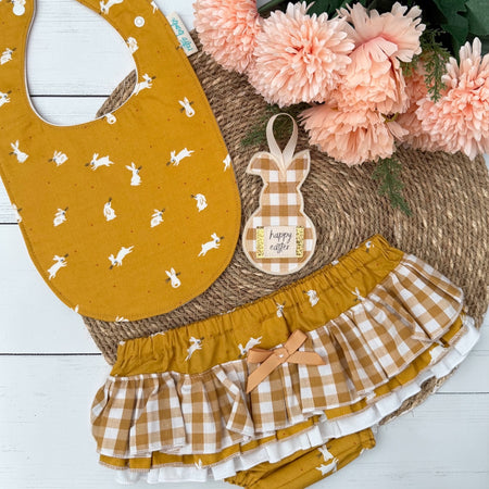 Ruffled Nappy Cover & Bib Set - Mustard Bunny - size 1