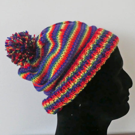 Beanie, rainbow, slouchy, hand knitted, free shipping